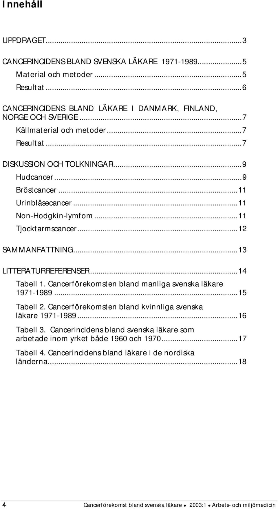 ..13 LITTERATURREFERENSER...14 Tabell 1. Cancerförekomsten bland manliga svenska läkare 1971-1989...15 Tabell 2. Cancerförekomsten bland kvinnliga svenska läkare 1971-1989...16 Tabell 3.