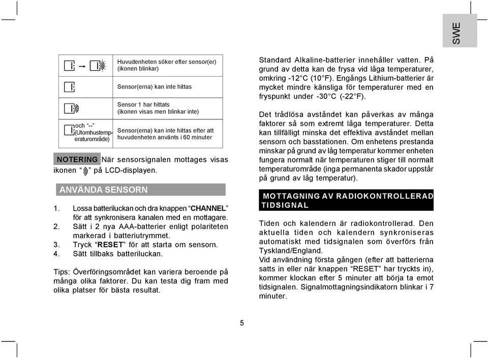 använts i 60 Sensor(erna) kan inte hittas efter att minuter 1. Lossa batteriluckan och dra knappen CHANNEL för att synkronisera kanalen med en mottagare. 2.