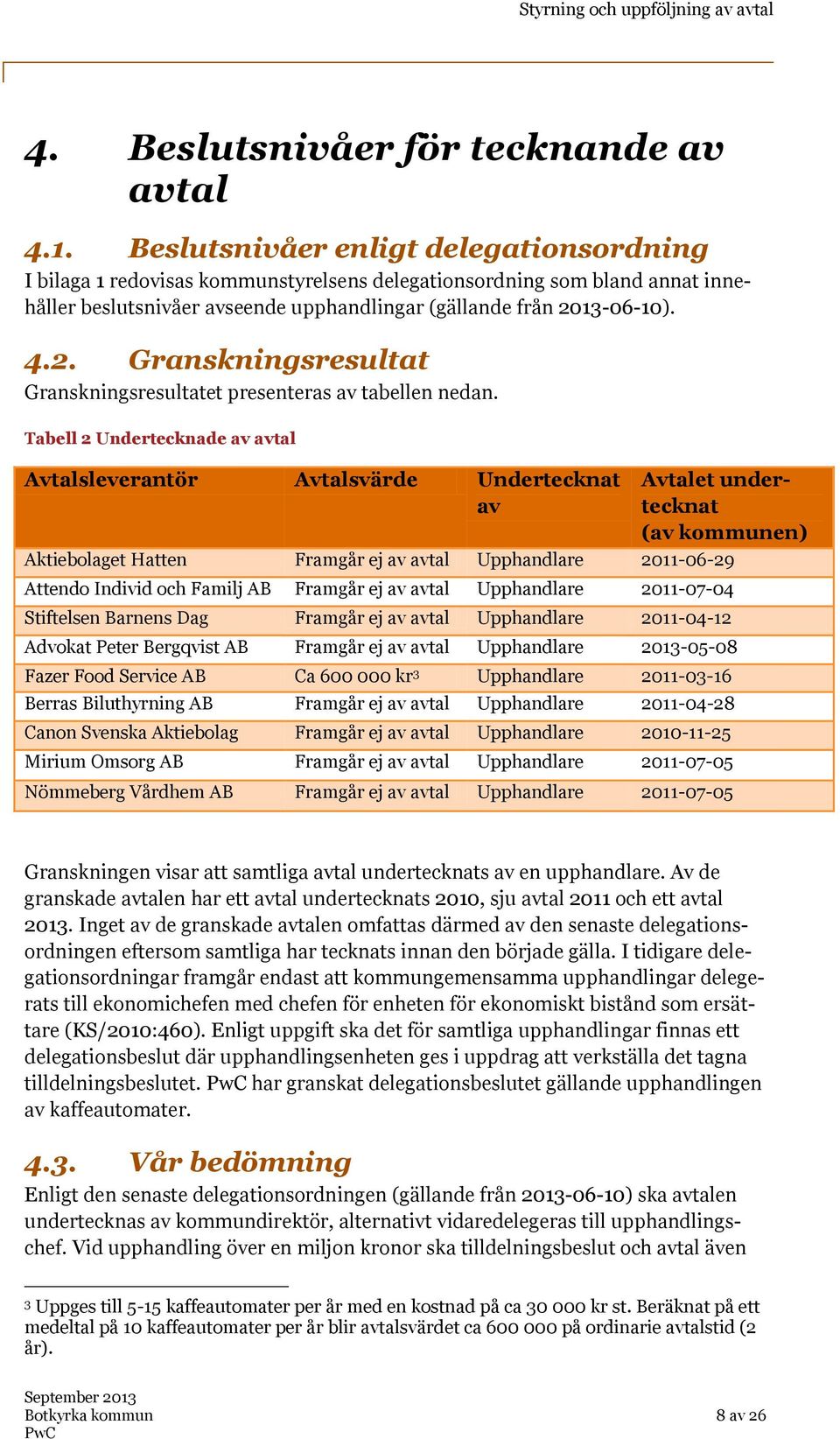 13-06-10). 4.2. Granskningsresultat Granskningsresultatet presenteras av tabellen nedan.