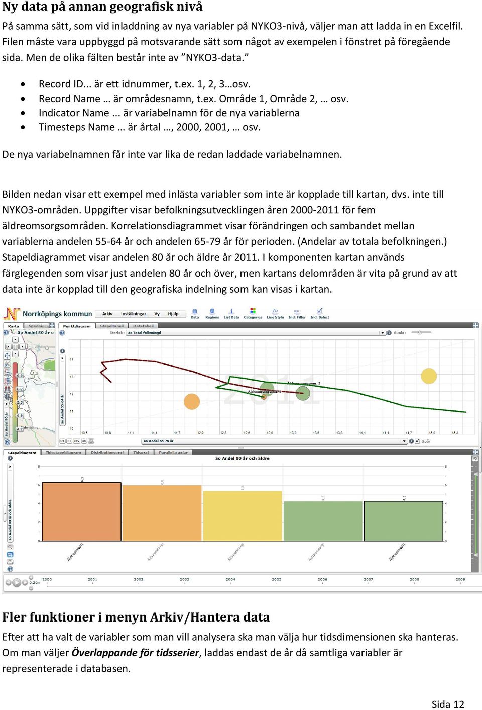 Record Name är områdesnamn, t.ex. Område 1, Område 2, osv. Indicator Name... är variabelnamn för de nya variablerna Timesteps Name är årtal, 2000, 2001, osv.