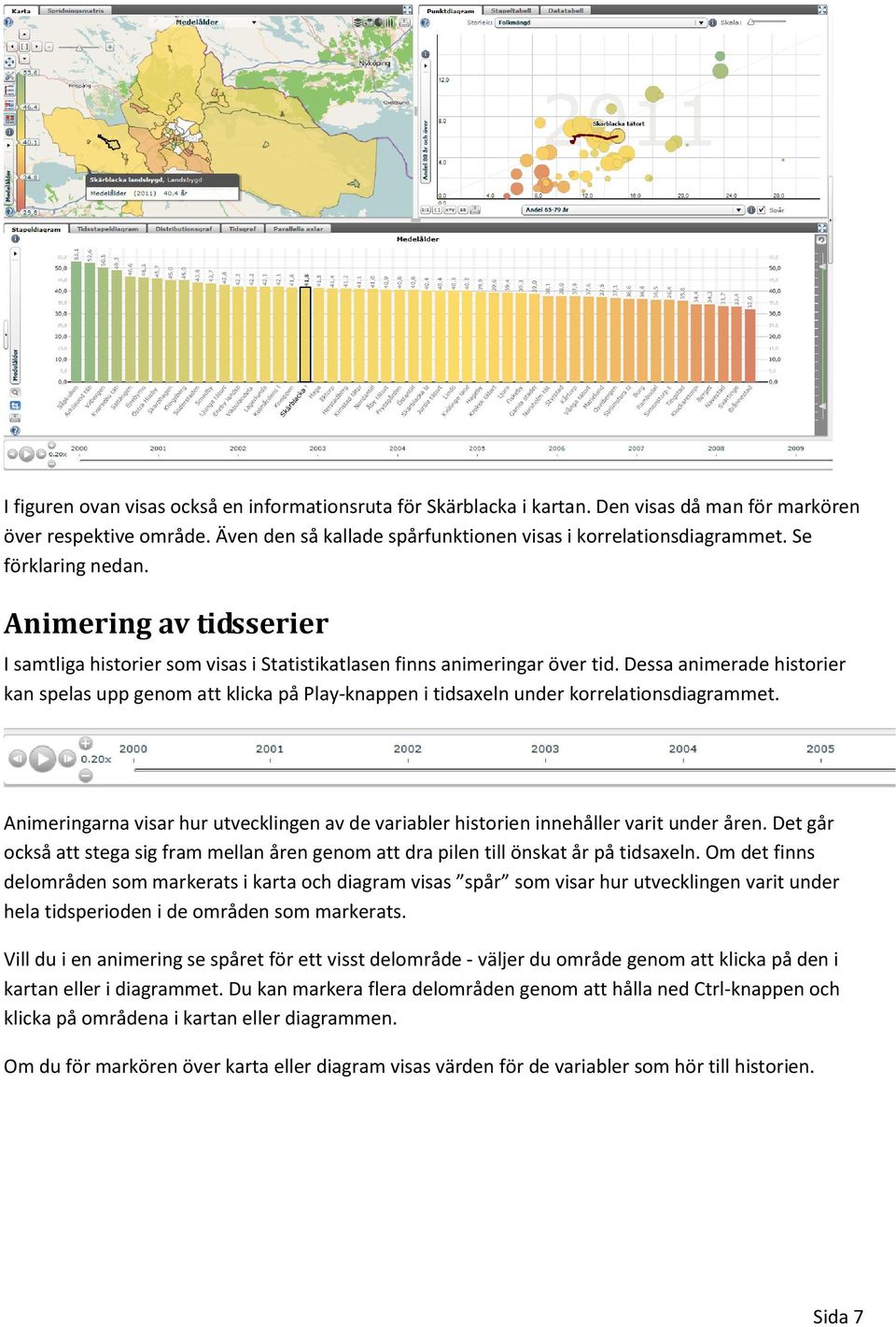 Dessa animerade historier kan spelas upp genom att klicka på Play-knappen i tidsaxeln under korrelationsdiagrammet.