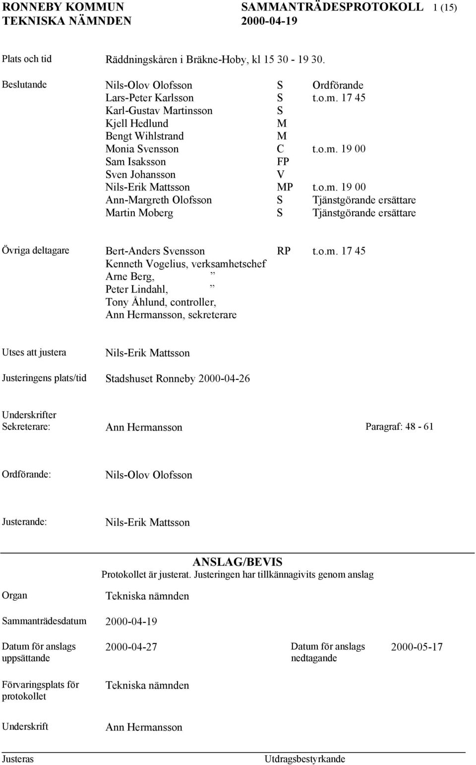 19 00 Sam Isaksson FP Sven Johansson V Nils-Erik Mattsson MP t.o.m. 19 00 Ann-Margreth Olofsson S Tjänstgörande ersättare Martin Moberg S Tjänstgörande ersättare Övriga deltagare Bert-Anders Svensson RP t.