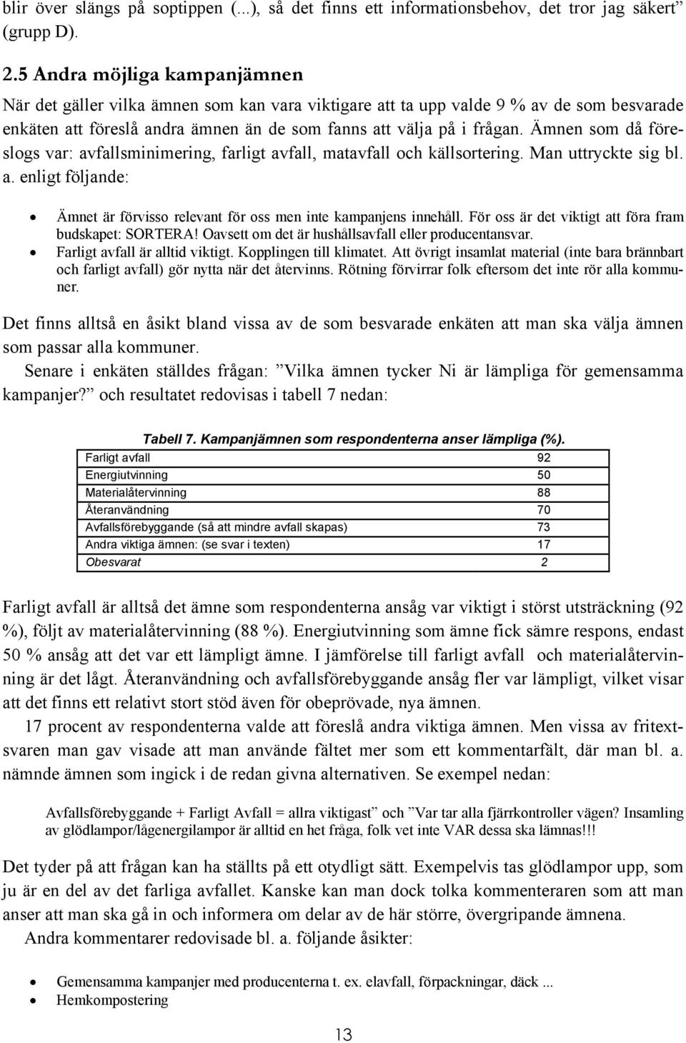 Ämnen som då föreslogs var: avfallsminimering, farligt avfall, matavfall och källsortering. Man uttryckte sig bl. a. enligt följande: Ämnet är förvisso relevant för oss men inte kampanjens innehåll.