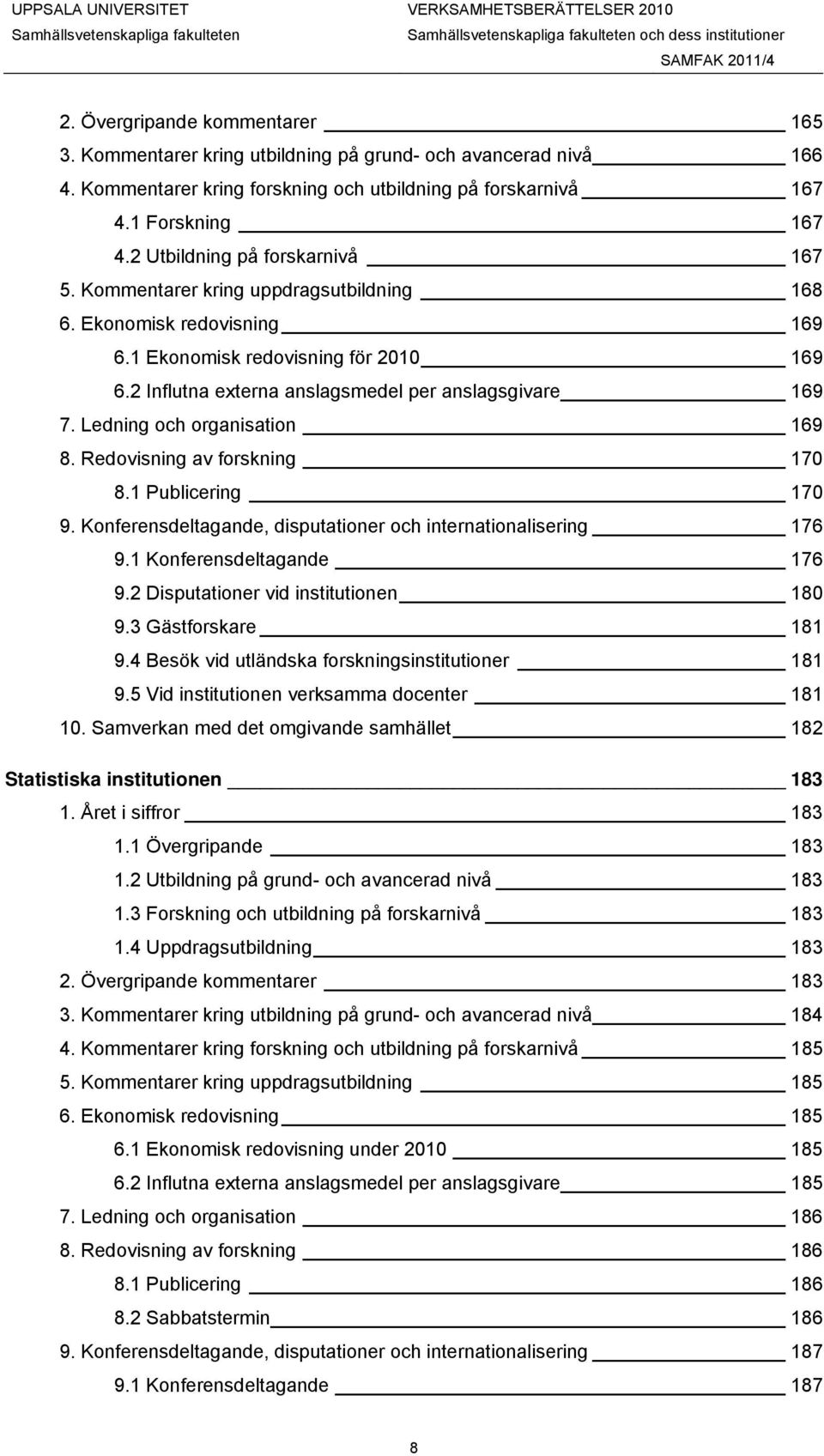 2 Influtna externa anslagsmedel per anslagsgivare 169 7. Ledning och organisation 169 8. Redovisning av forskning 170 8.1 Publicering 170 9.