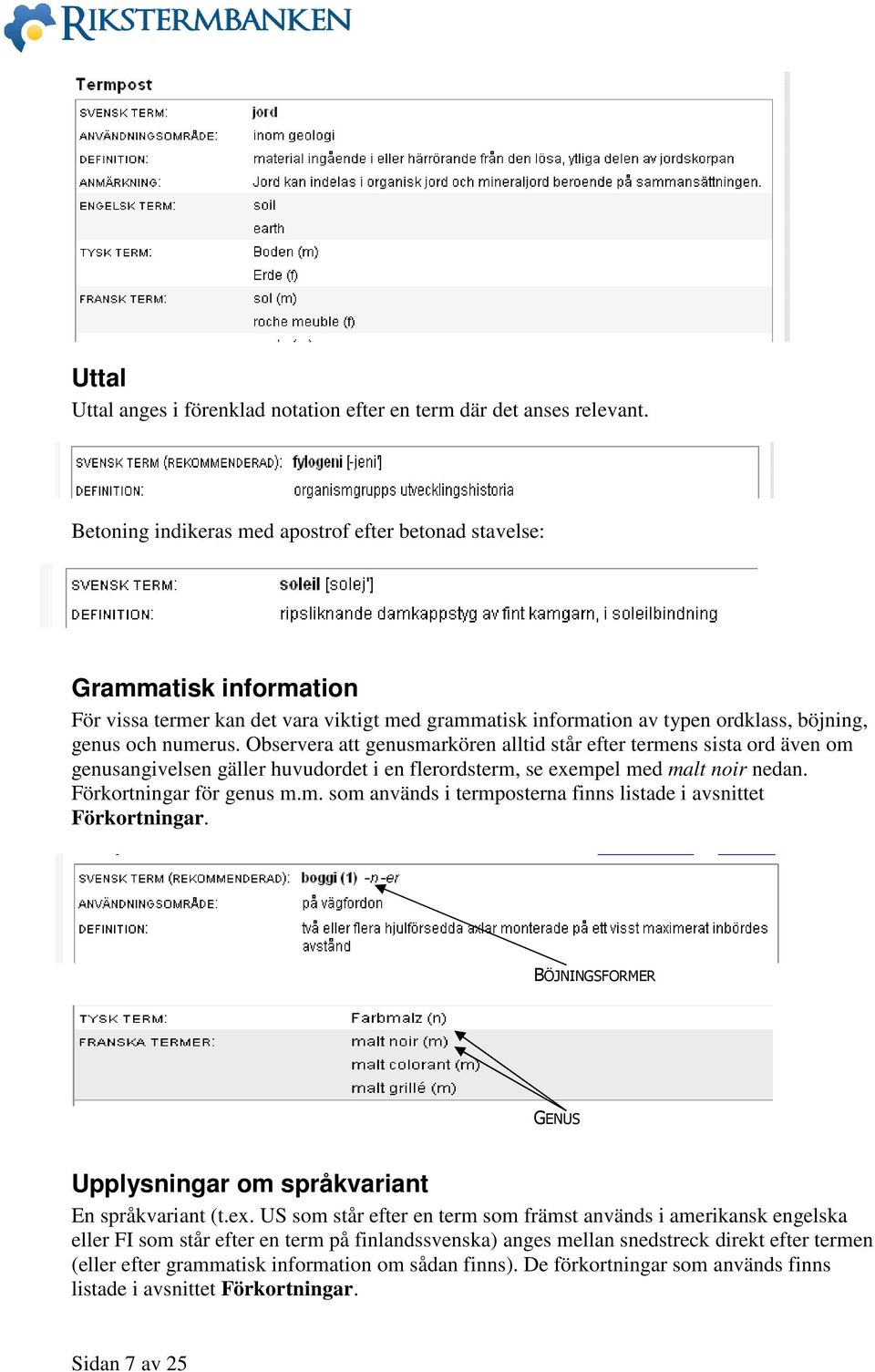 Observera att genusmarkören alltid står efter termens sista ord även om genusangivelsen gäller huvudordet i en flerordsterm, se exempel med malt noir nedan. Förkortningar för genus m.m. som används i termposterna finns listade i avsnittet Förkortningar.