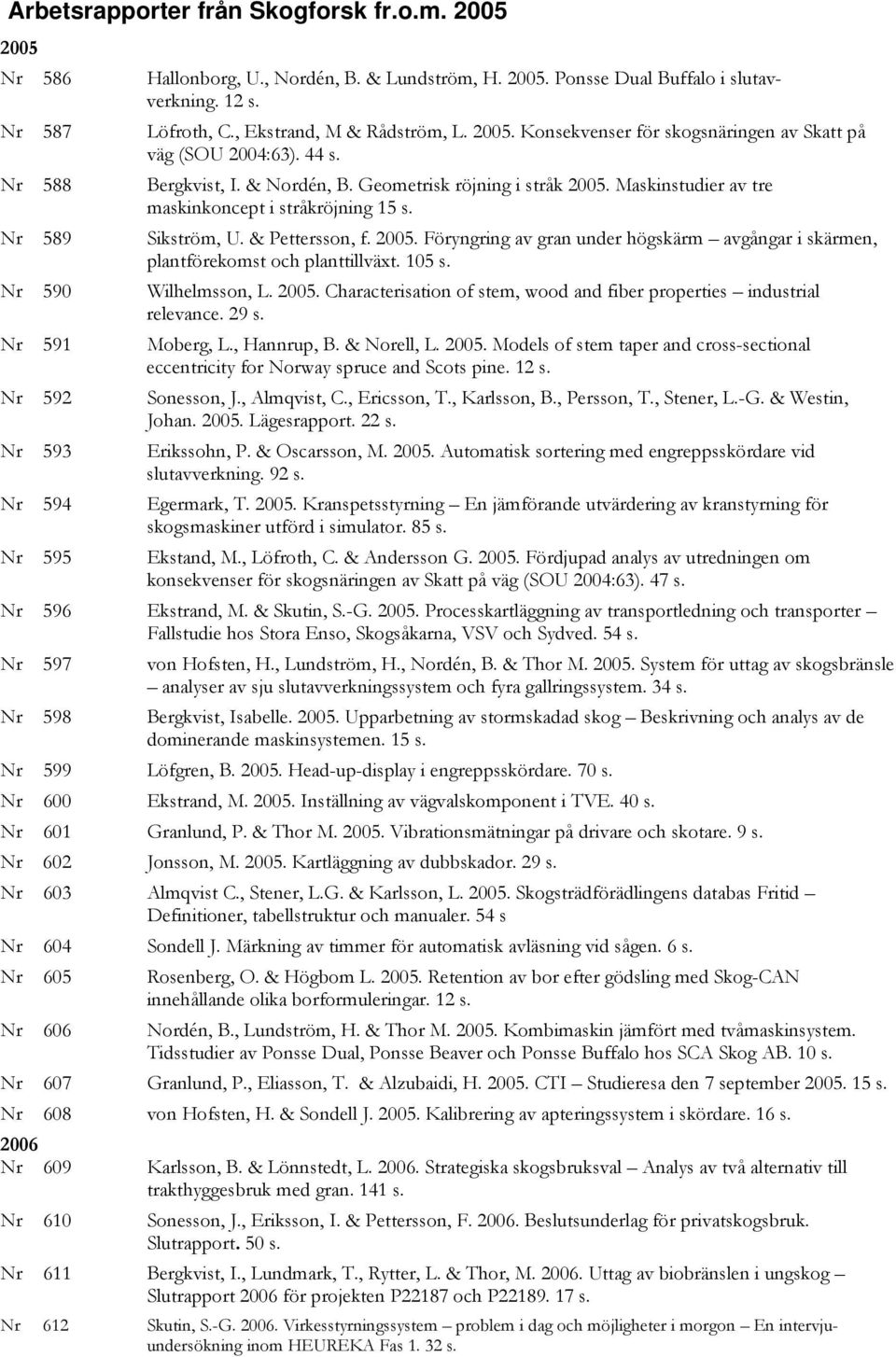 Nr 589 Sikström, U. & Pettersson, f. 2005. Föryngring av gran under högskärm avgångar i skärmen, plantförekomst och planttillväxt. 105 s. Nr 590 Wilhelmsson, L. 2005. Characterisation of stem, wood and fiber properties industrial relevance.