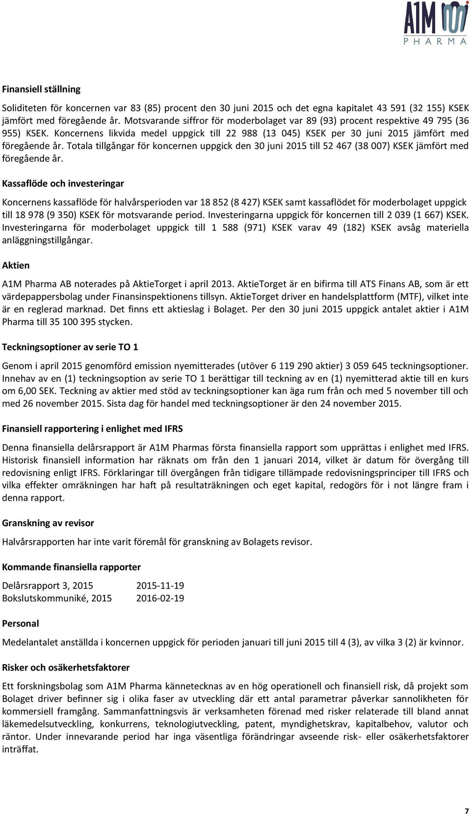 Totala tillgångar för koncernen uppgick den 30 juni 2015 till 52 467 (38 007) KSEK jämfört med föregående år.