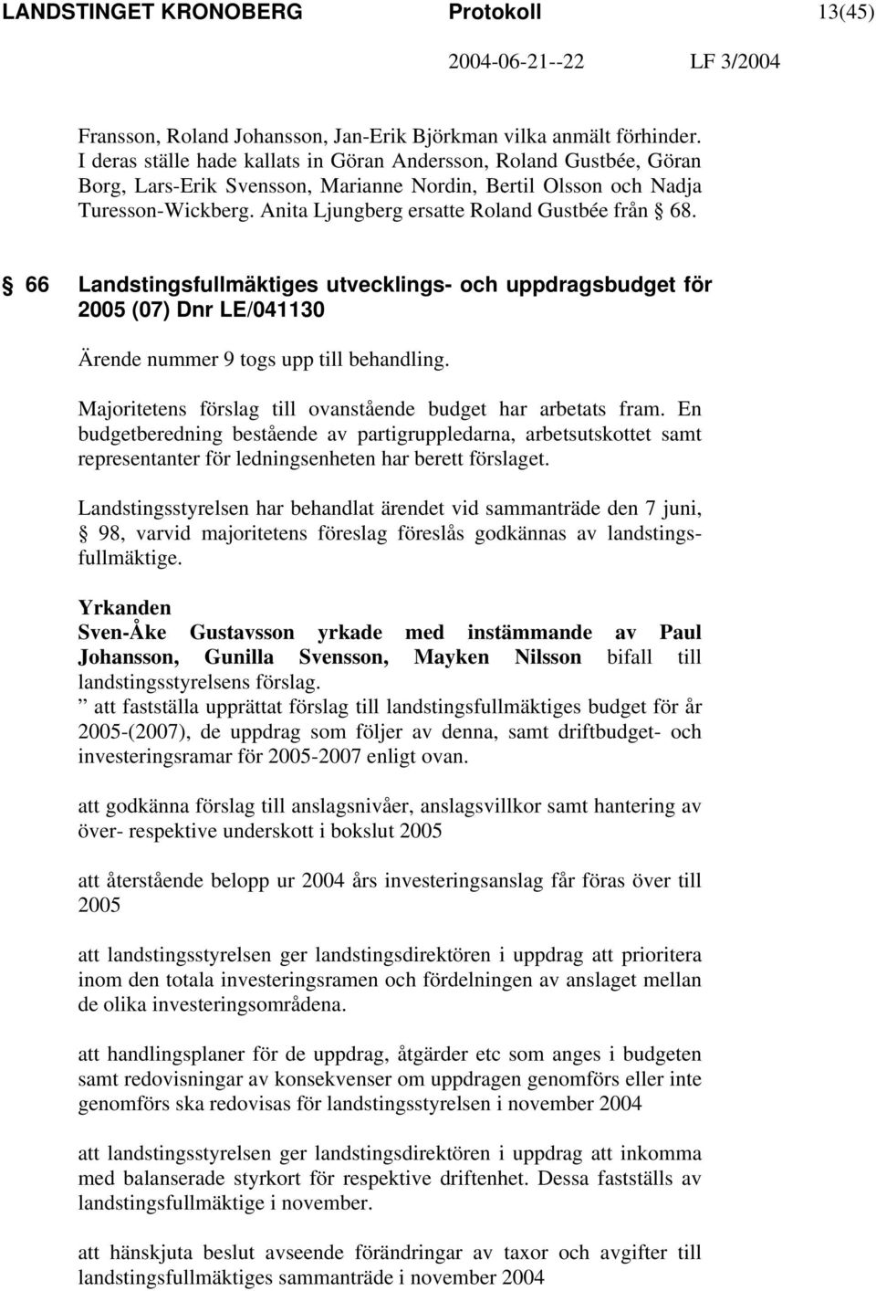 Anita Ljungberg ersatte Roland Gustbée från 68. 66 Landstingsfullmäktiges utvecklings- och uppdragsbudget för 2005 (07) Dnr LE/041130 Ärende nummer 9 togs upp till behandling.