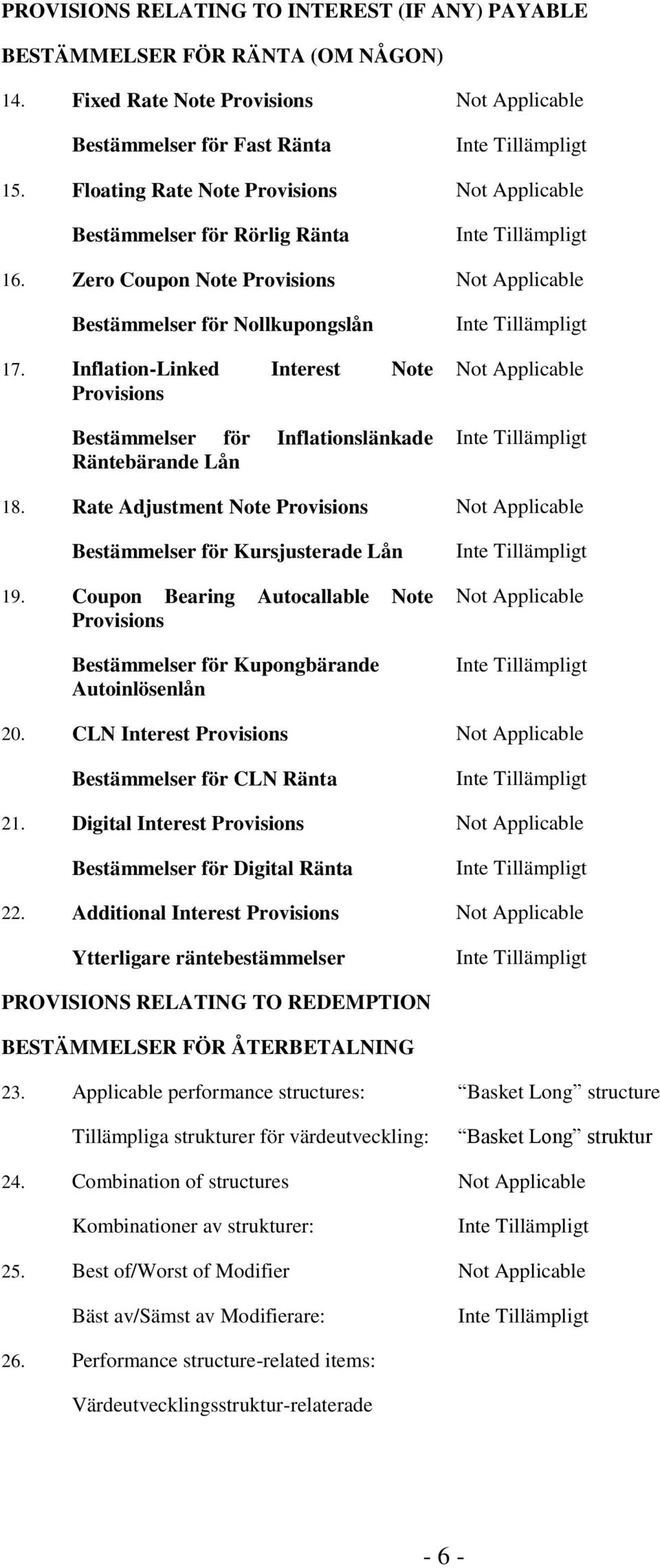 Inflation-Linked Interest Note Provisions Bestämmelser för Inflationslänkade Räntebärande Lån Not Applicable 18. Rate Adjustment Note Provisions Not Applicable Bestämmelser för Kursjusterade Lån 19.