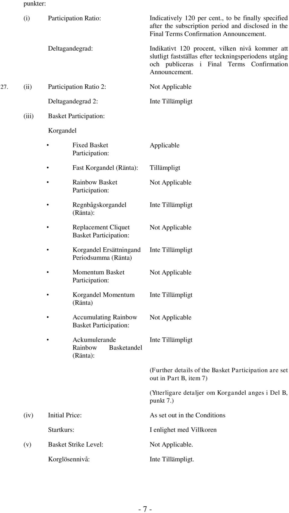 (ii) Participation Ratio 2: Not Applicable Deltagandegrad 2: (iii) Basket Participation: Korgandel Fixed Basket Participation: Applicable Fast Korgandel (Ränta): Tillämpligt Rainbow Basket