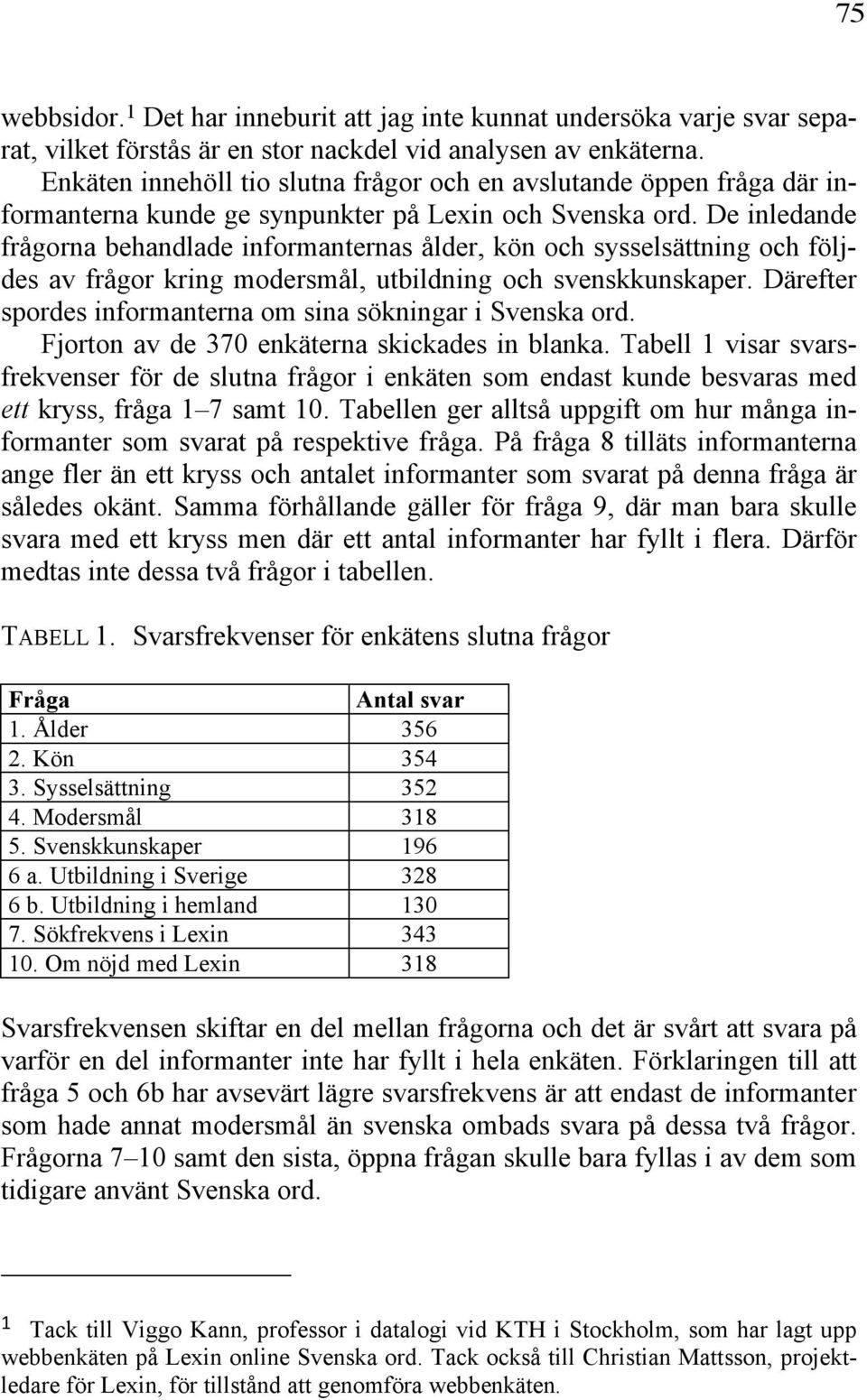 De inledande frågorna behandlade informanternas ålder, kön och sysselsättning och följdes av frågor kring modersmål, utbildning och svenskkunskaper.