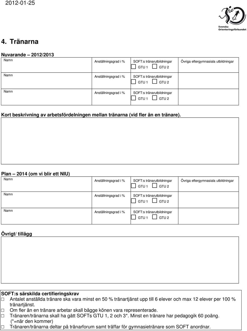 max 12 elever per 100 % tränartjänst. Om fler än en tränare arbetar skall bägge könen vara representerade.