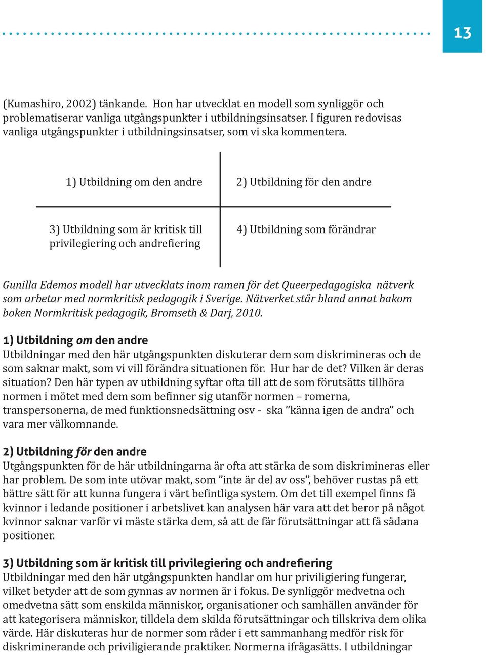 1) Utbildning om den andre 2) Utbildning för den andre 3) Utbildning som är kritisk till privilegiering och andrefiering 4) Utbildning som förändrar Gunilla Edemos modell har utvecklats inom ramen