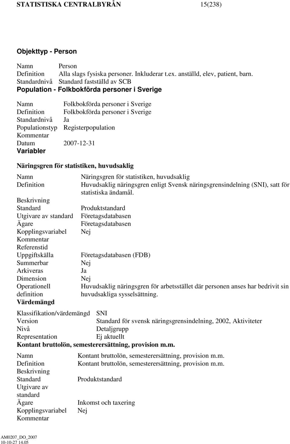 Registerpopulation Kommentar Datum 2007-12-31 Variabler Näringsgren för statistiken, huvudsaklig Namn Näringsgren för statistiken, huvudsaklig Definition Huvudsaklig näringsgren enligt Svensk