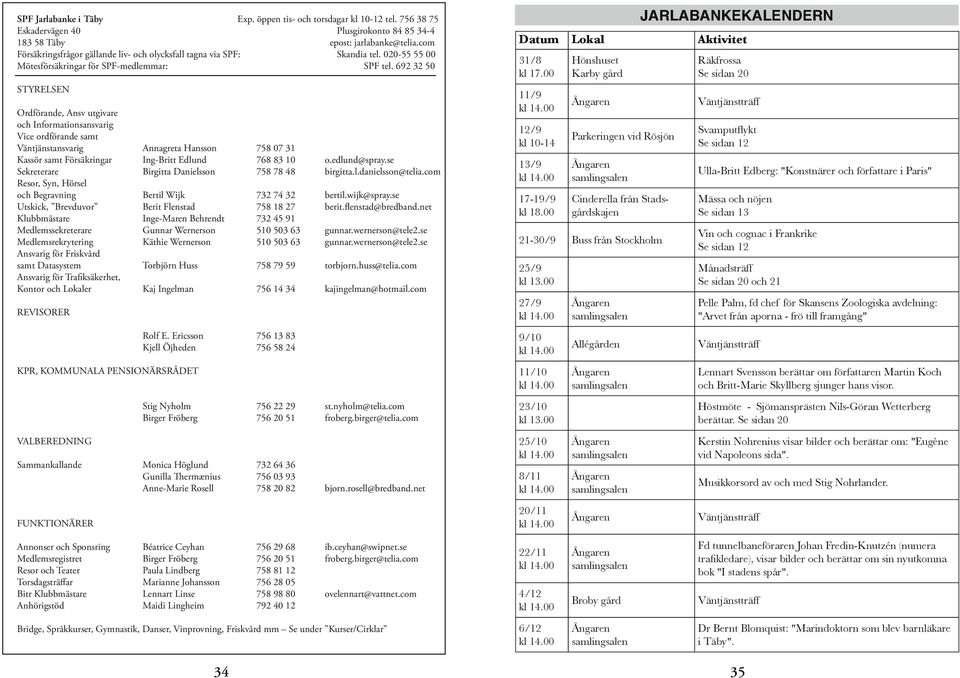 692 32 50 STYRELSEN Ordförande, Ansv utgivare och Informationsansvarig Vice ordförande samt Väntjänstansvarig Annagreta Hansson 758 07 31 Kassör samt Försäkringar Ing-Britt Edlund 768 83 10 o.