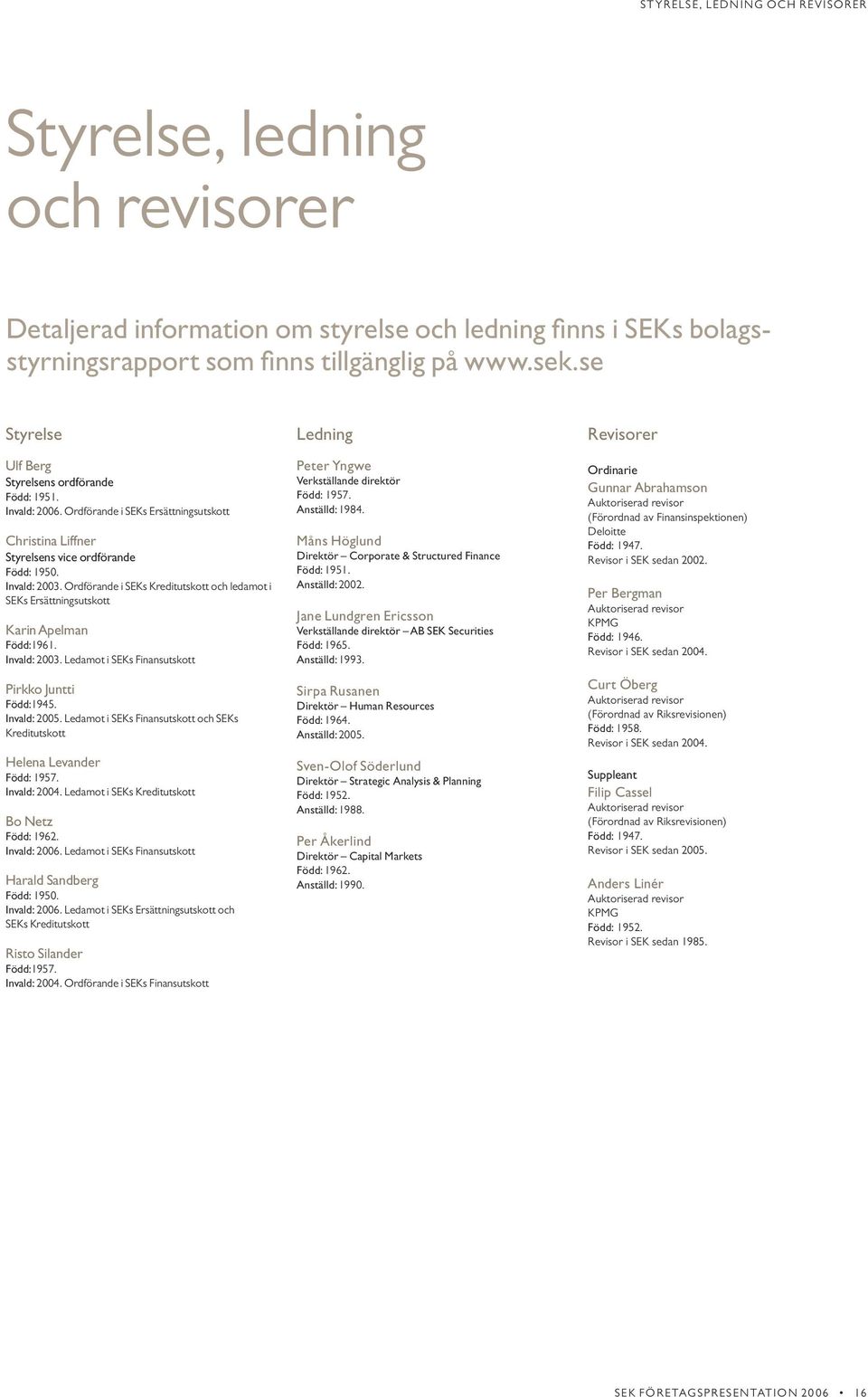 Ordförande i SEKs Kreditutskott och ledamot i SEKs Ersättningsutskott Karin Apelman Född:1961. Invald: 2003. Ledamot i SEKs Finansutskott Pirkko Juntti Född:1945. Invald: 2005.