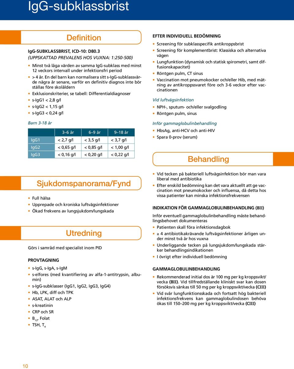 En del barn kan normalisera sitt s-igg-subklassvärde några år senare, varför en definitiv diagnos inte bör ställas före skolåldern Exklusionskriterier, se tabell: Differentialdiagnoser s-igg1 < 2,8