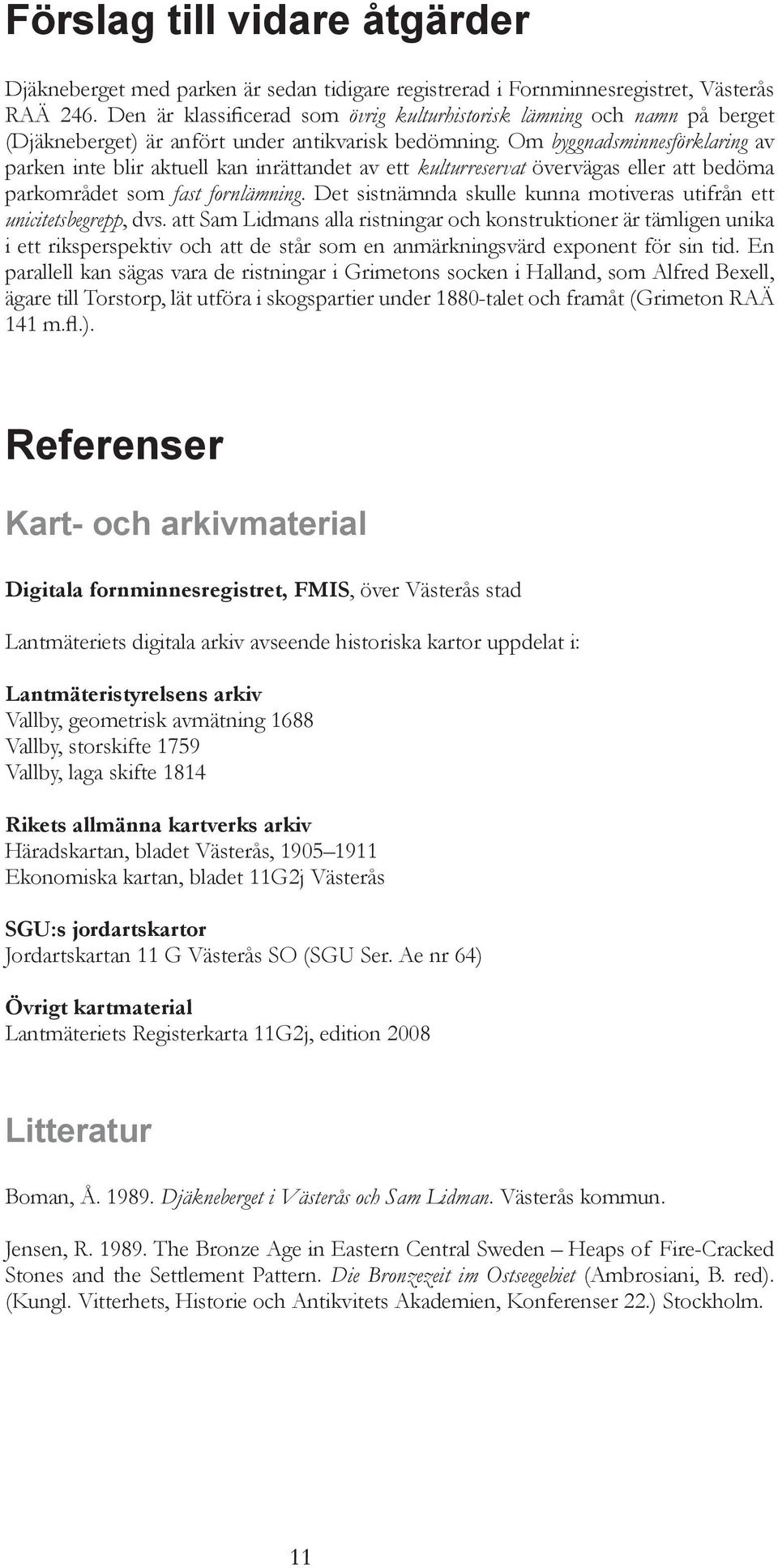 Om byggnadsminnesförklaring av parken inte blir aktuell kan inrättandet av ett kulturreservat övervägas eller att bedöma parkområdet som fast fornlämning.