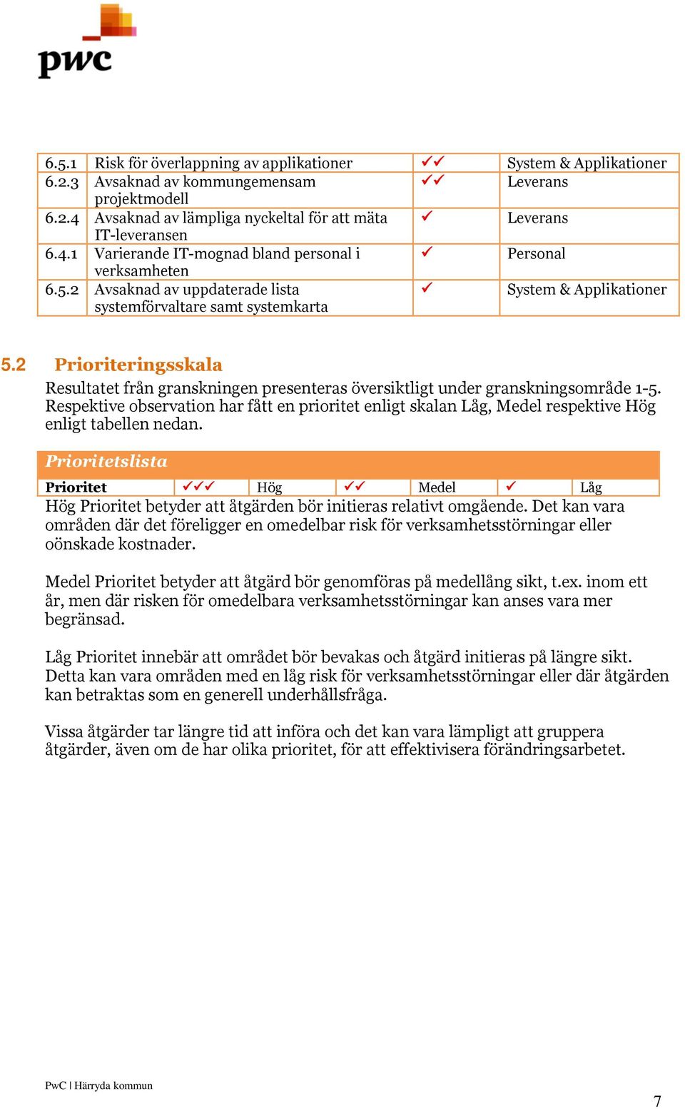 2 Prioriteringsskala Resultatet från granskningen presenteras översiktligt under granskningsområde 1-5.
