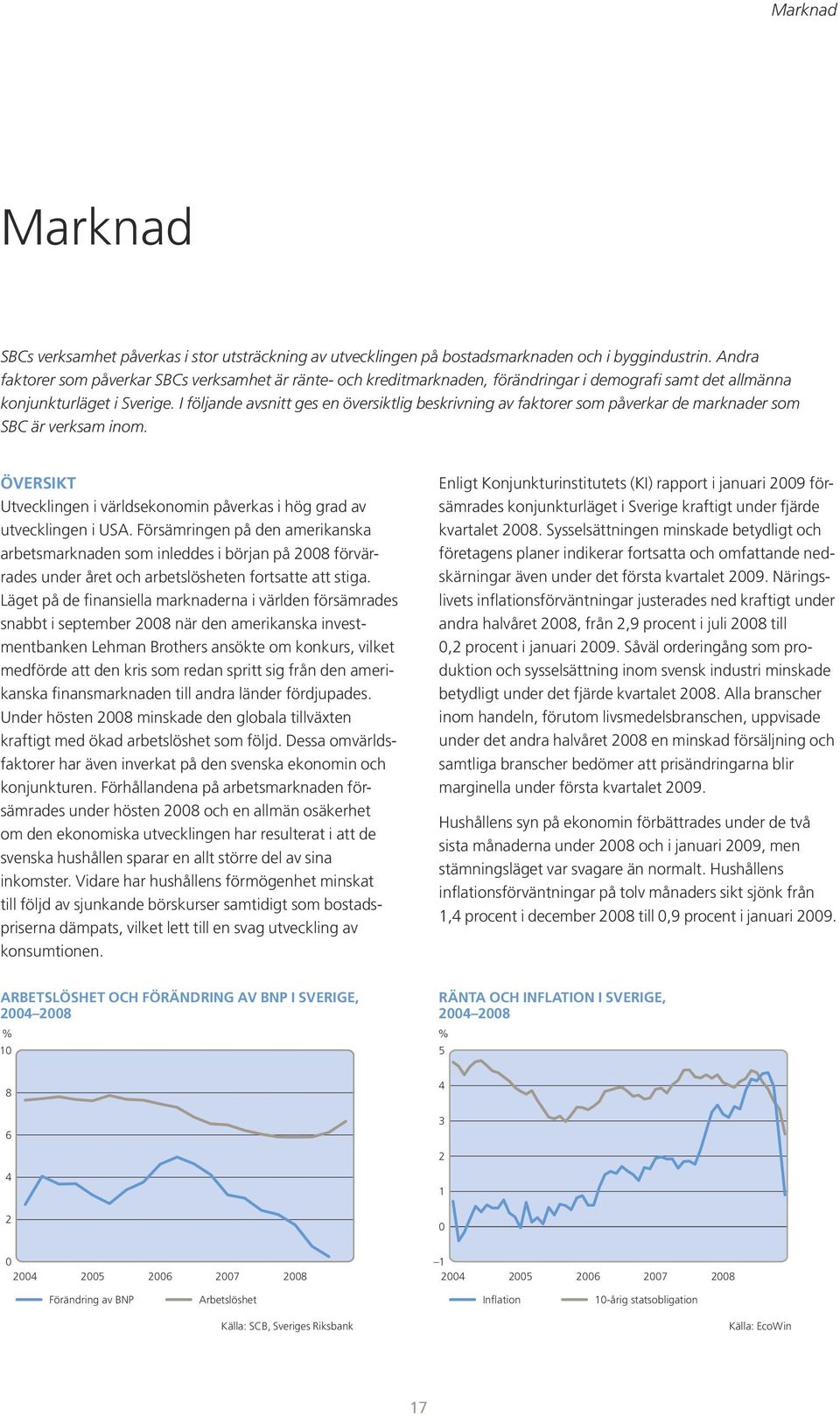 I följande avsnitt ges en översiktlig beskrivning av faktorer som påverkar de marknader som SBC är verksam inom. Översikt Utvecklingen i världsekonomin påverkas i hög grad av utvecklingen i USA.