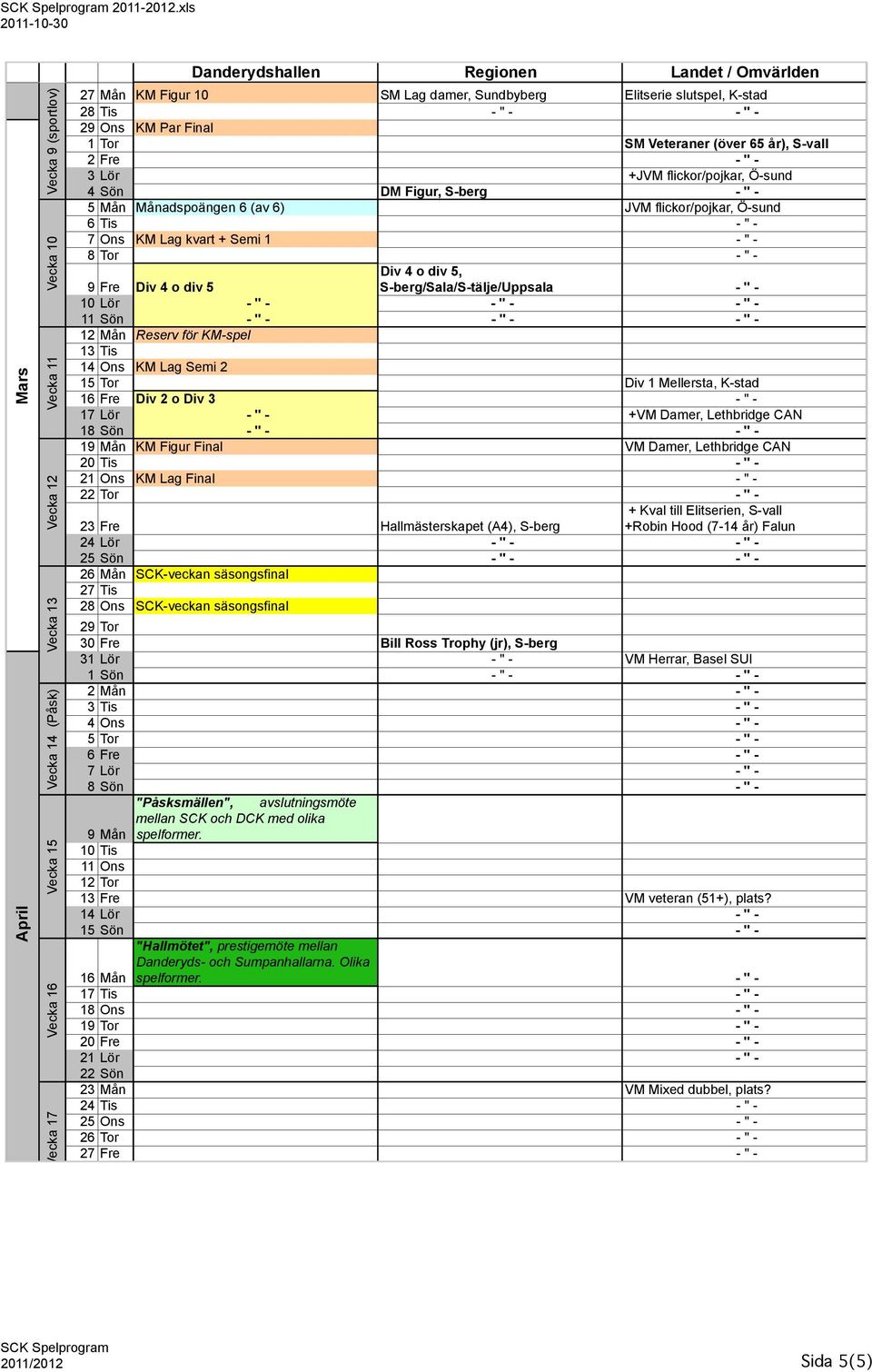" - 7 Ons KM Lag kvart + Semi 1 - " - 8 Tor - " - Div 4 o div 5, S-berg/Sala/S-tälje/Uppsala - " - 9 Fre Div 4 o div 5 10 Lör - " - - " - - " - 11 Sön - " - - " - - " - 12 Mån Reserv för KM-spel 13