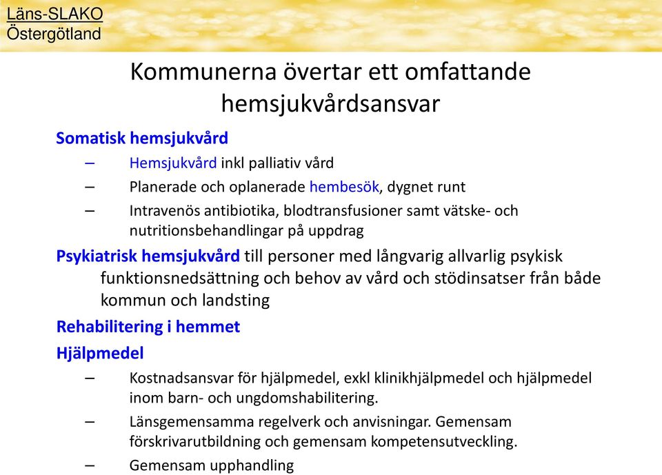 funktionsnedsättning och behov av vård och stödinsatser från både kommun och landsting Rehabilitering i hemmet Hjälpmedel Kostnadsansvar för hjälpmedel, exkl