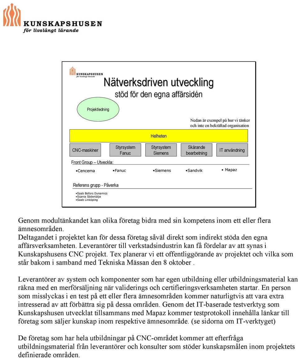 olika företag bidra med sin kompetens inom ett eller flera ämnesområden. Deltagandet i projektet kan för dessa företag såväl direkt som indirekt stöda den egna affärsverksamheten.