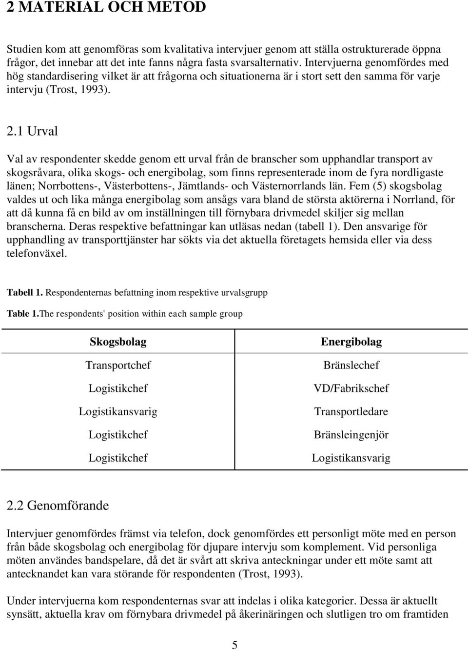 1 Urval Val av respondenter skedde genom ett urval från de branscher som upphandlar transport av skogsråvara, olika skogs- och energibolag, som finns representerade inom de fyra nordligaste länen;