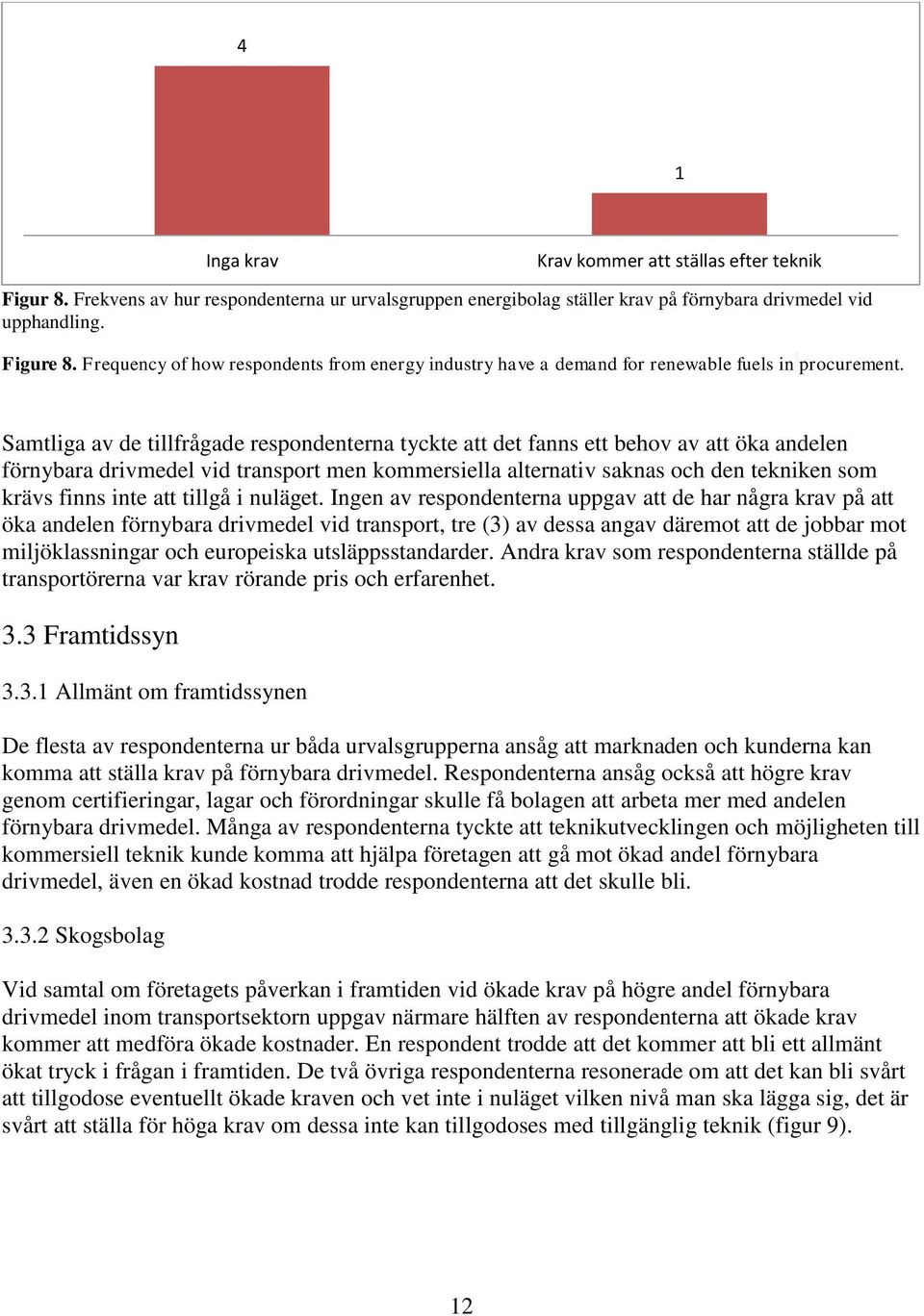 Samtliga av de tillfrågade respondenterna tyckte att det fanns ett behov av att öka andelen förnybara drivmedel vid transport men kommersiella alternativ saknas och den tekniken som krävs finns inte