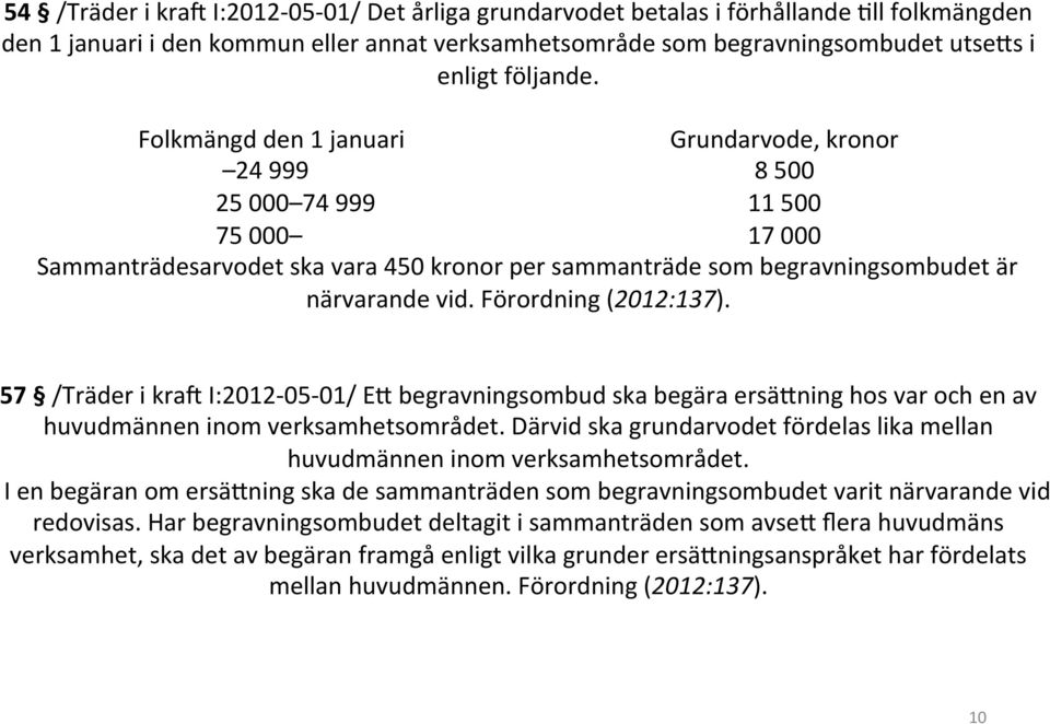 Förordning (2012:137). 57 /Träder i krav I:2012-05- 01/ EL begravningsombud ska begära ersälning hos var och en av huvudmännen inom verksamhetsområdet.