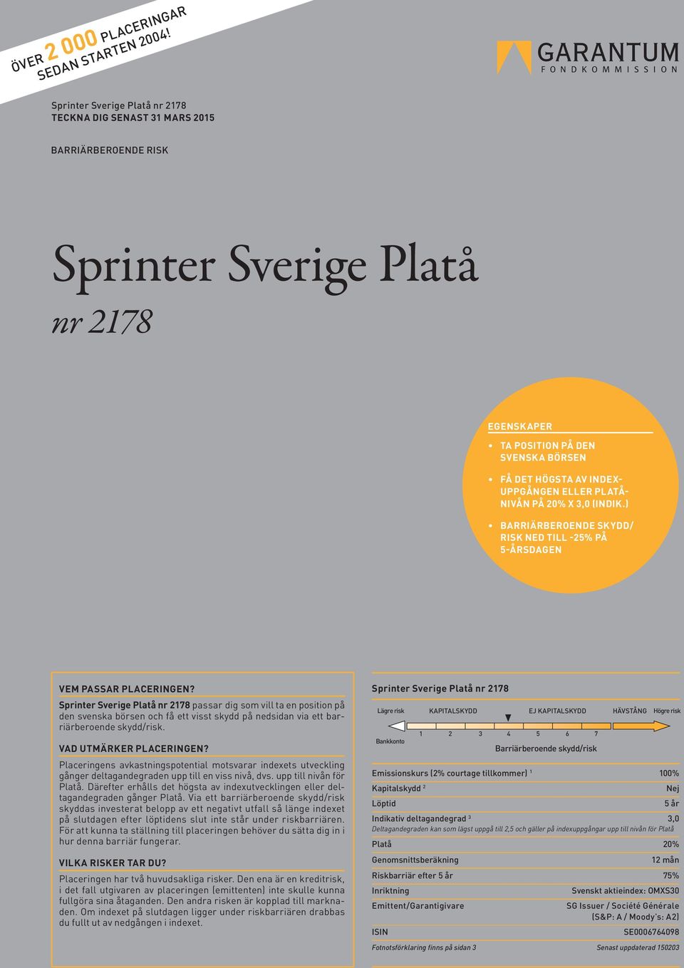 PLATÅ- NIVÅN PÅ X 3,0 (INDIK.) BARRIÄRBEROENDE SKYDD/ RISK NED TILL -25% PÅ 5-ÅRSDAGEN VEM PASSAR PLACERINGEN?