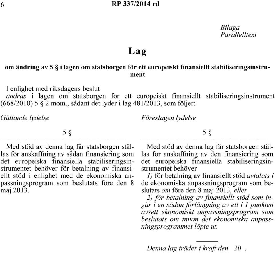 , sådant det lyder i lag 481/2013, som följer: Gällande lydelse 5 Med stöd av denna lag får statsborgen ställas för anskaffning av sådan finansiering som det europeiska finansiella