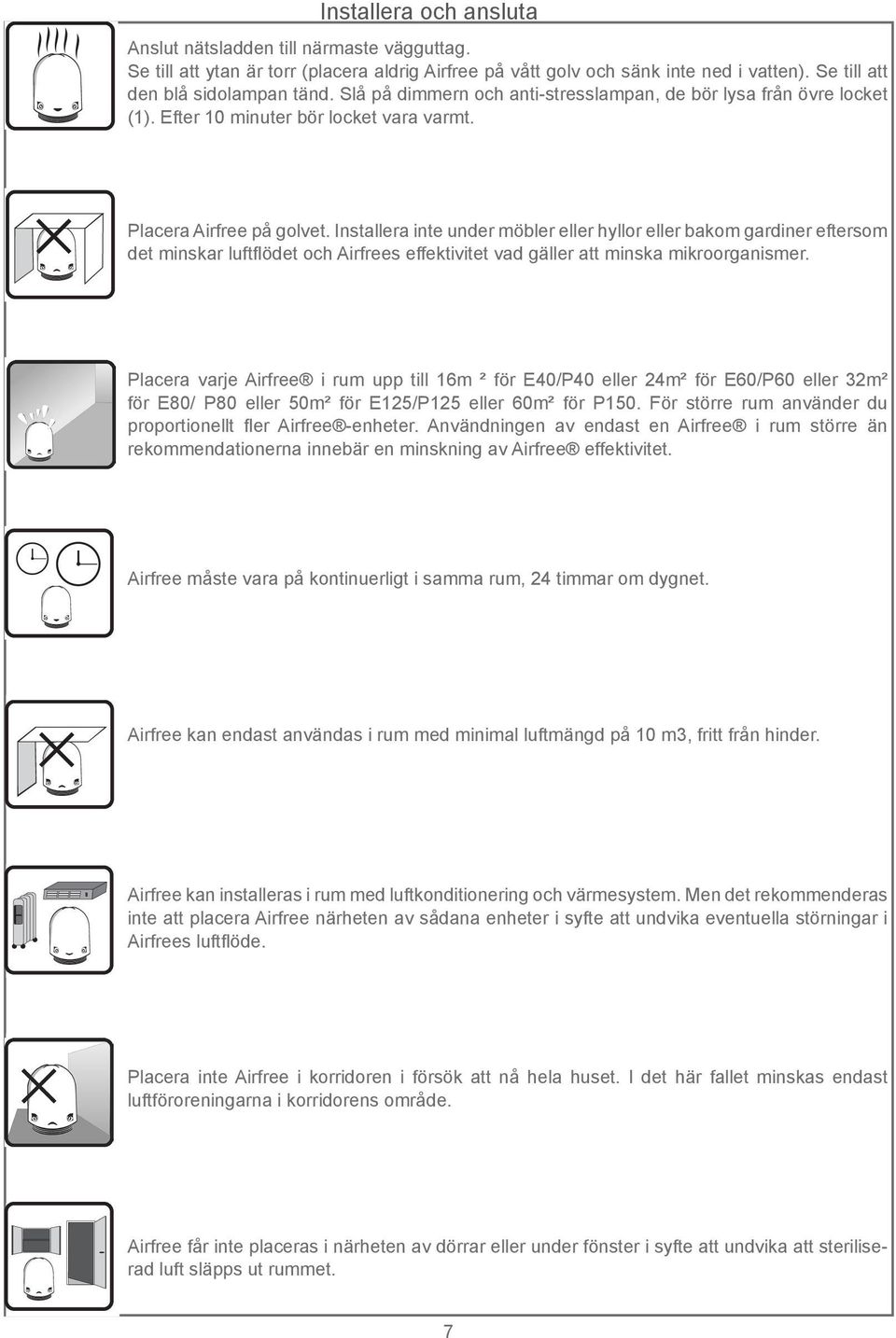 Installera inte under möbler eller hyllor eller bakom gardiner eftersom det minskar luftflödet och Airfrees effektivitet vad gäller att minska mikroorganismer.