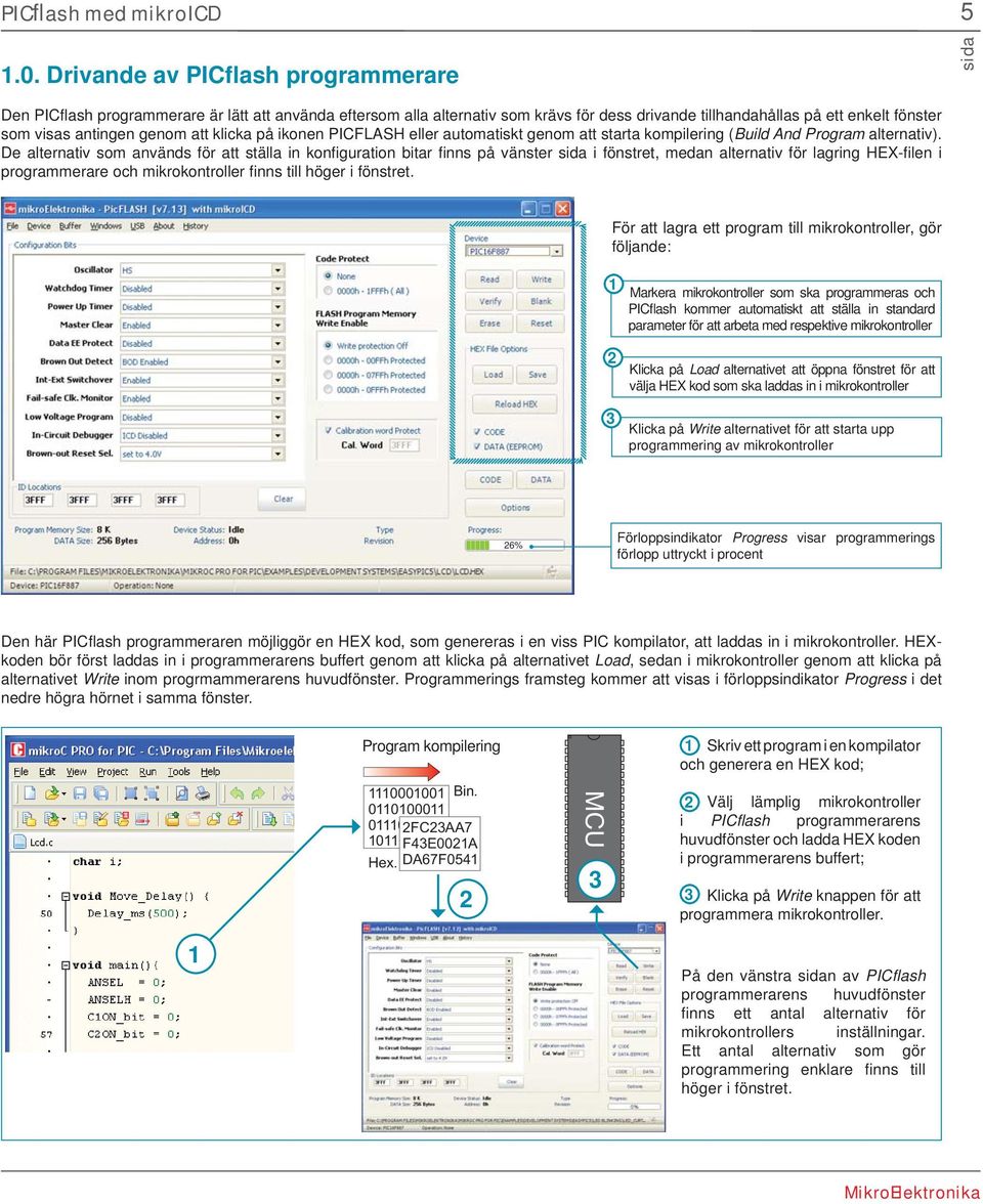 att klicka på ikonen PICFLASH eller automatiskt genom att starta kompilering (Build And Program alternativ).