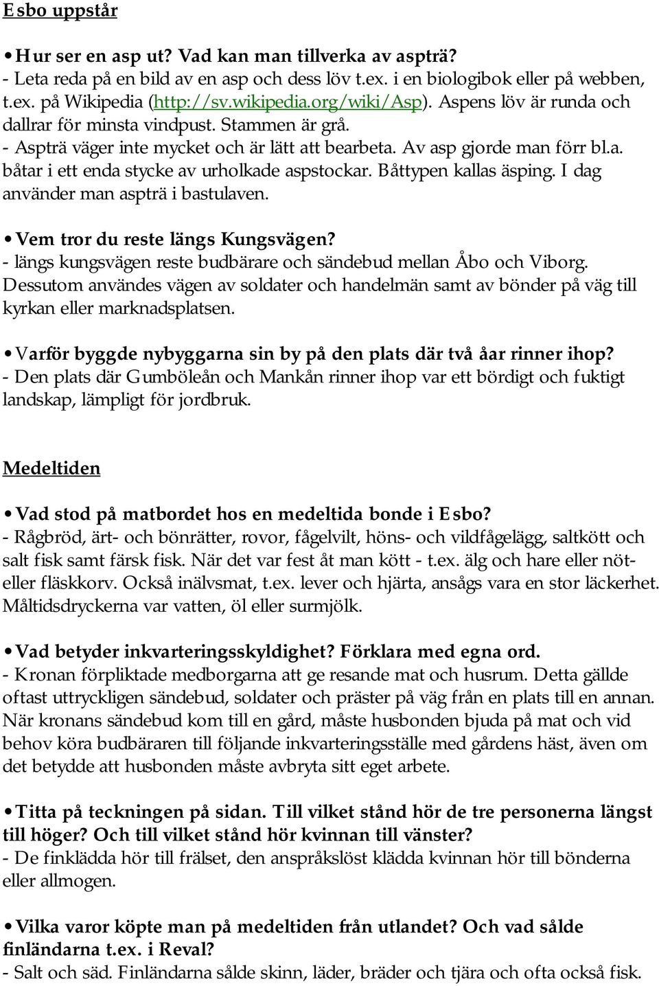 Båttypen kallas äsping. I dag använder man aspträ i bastulaven. Vem tror du reste längs Kungsvägen? - längs kungsvägen reste budbärare och sändebud mellan Åbo och Viborg.