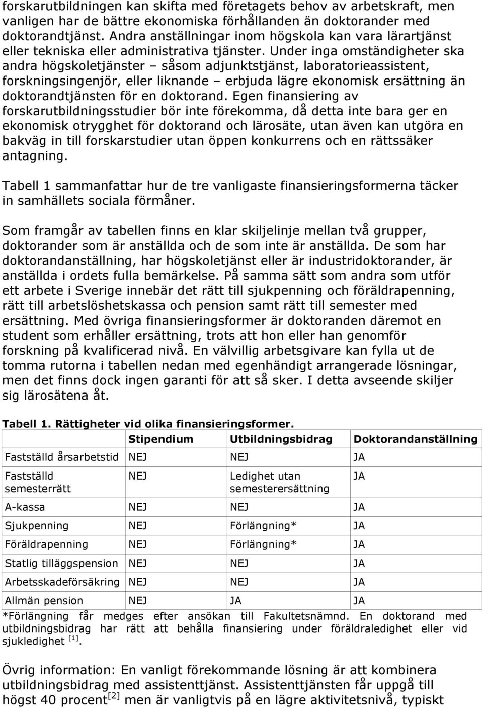 Under inga omständigheter ska andra högskoletjänster såsom adjunktstjänst, laboratorieassistent, forskningsingenjör, eller liknande erbjuda lägre ekonomisk ersättning än doktorandtjänsten för en