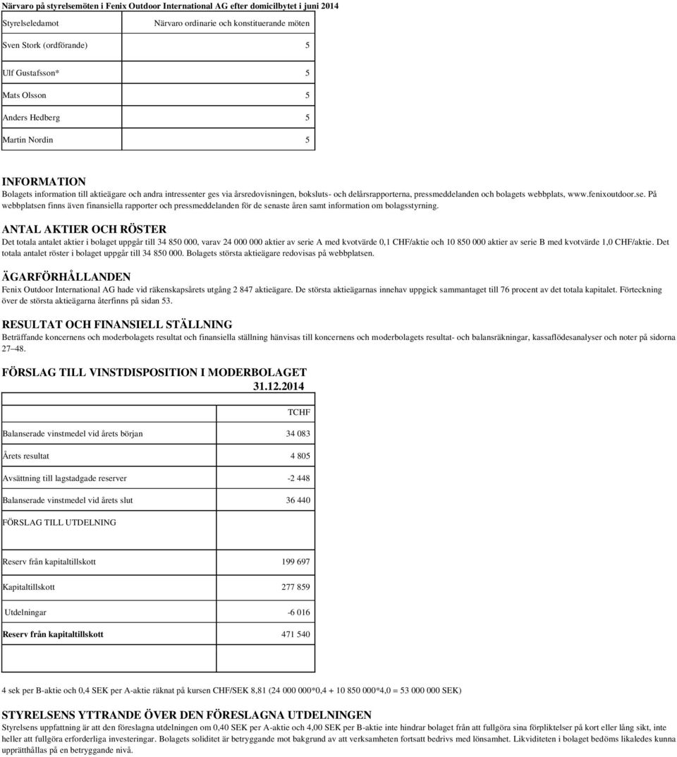bolagets webbplats, www.fenixoutdoor.se. På webbplatsen finns även finansiella rapporter och pressmeddelanden för de senaste åren samt information om bolagsstyrning.