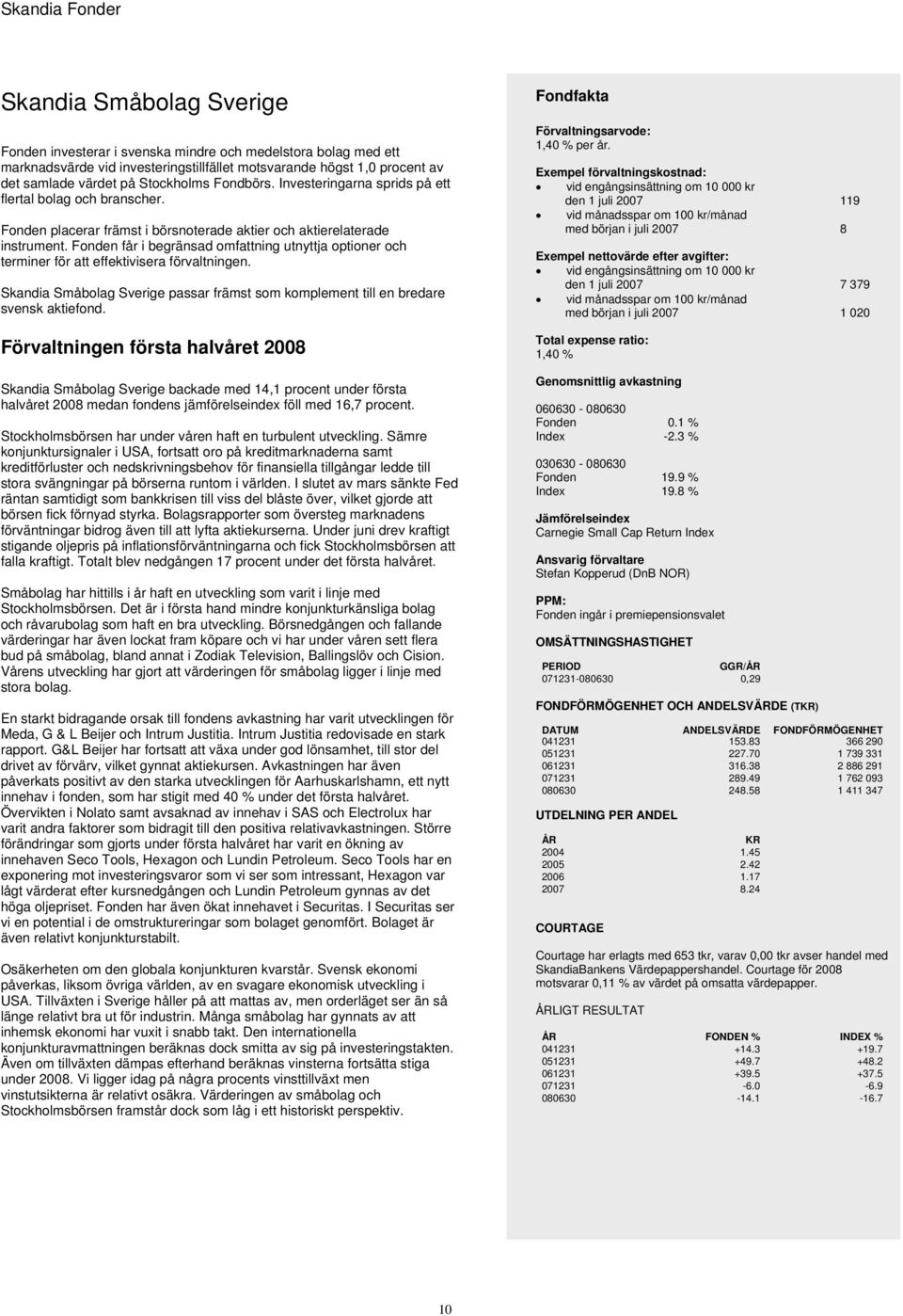 Fonden får i begränsad omfattning utnyttja optioner och terminer för att effektivisera förvaltningen. Skandia Småbolag Sverige passar främst som komplement till en bredare svensk aktiefond.