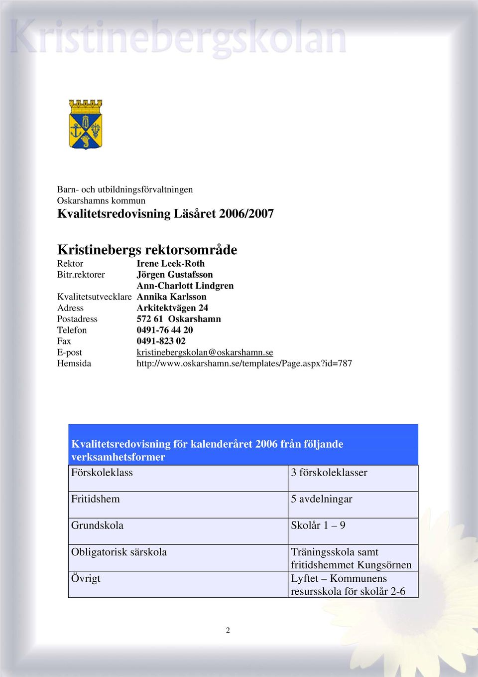 02 E-post kristinebergskolan@oskarshamn.se Hemsida http://www.oskarshamn.se/templates/page.aspx?