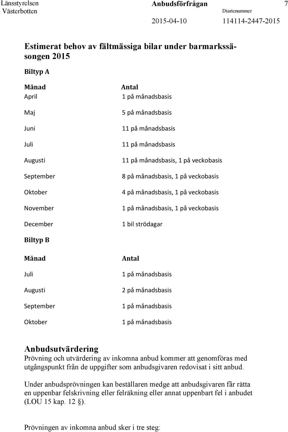 strödagar Biltyp B Månad Juli Augusti September Oktober Antal 1 på månadsbasis 2 på månadsbasis 1 på månadsbasis 1 på månadsbasis Anbudsutvärdering Prövning och utvärdering av inkomna anbud kommer