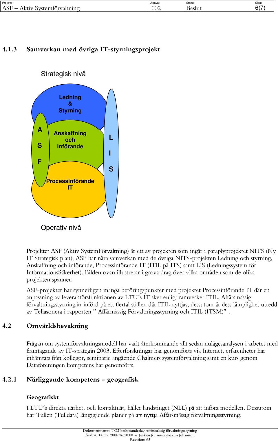 projekten som ingår i paraplyprojektet NITS (Ny IT Strategisk plan), ASF har nära samverkan med de övriga NITS-projekten Ledning och styrning, Anskaffning och införande, Processinförande IT (ITIL på