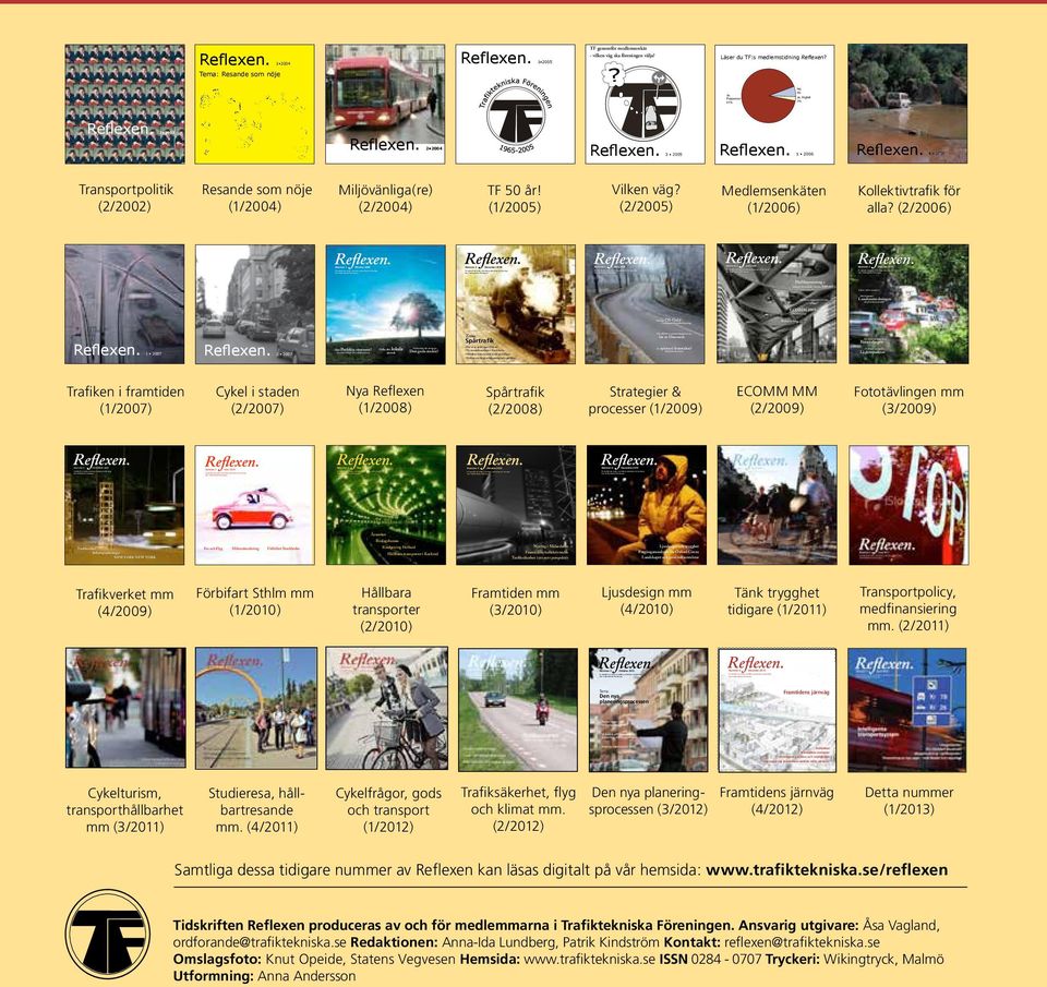 2 2004 Tema: Trafikens Infrastruktur Miljövänliga(re) (2/2004) Reﬂexen. 2006 reﬂexen 2006 Reﬂexen. 4 2006 Ja 83% Vilken väg? (2/2005) TF 50 år! (/2005) Medlemsenkäten (/2006) Kollektivtrafik för alla?