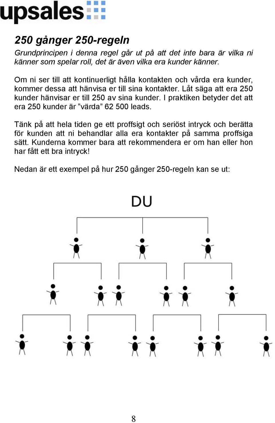 Låt säga att era 250 kunder hänvisar er till 250 av sina kunder. I praktiken betyder det att era 250 kunder är värda 62 500 leads.