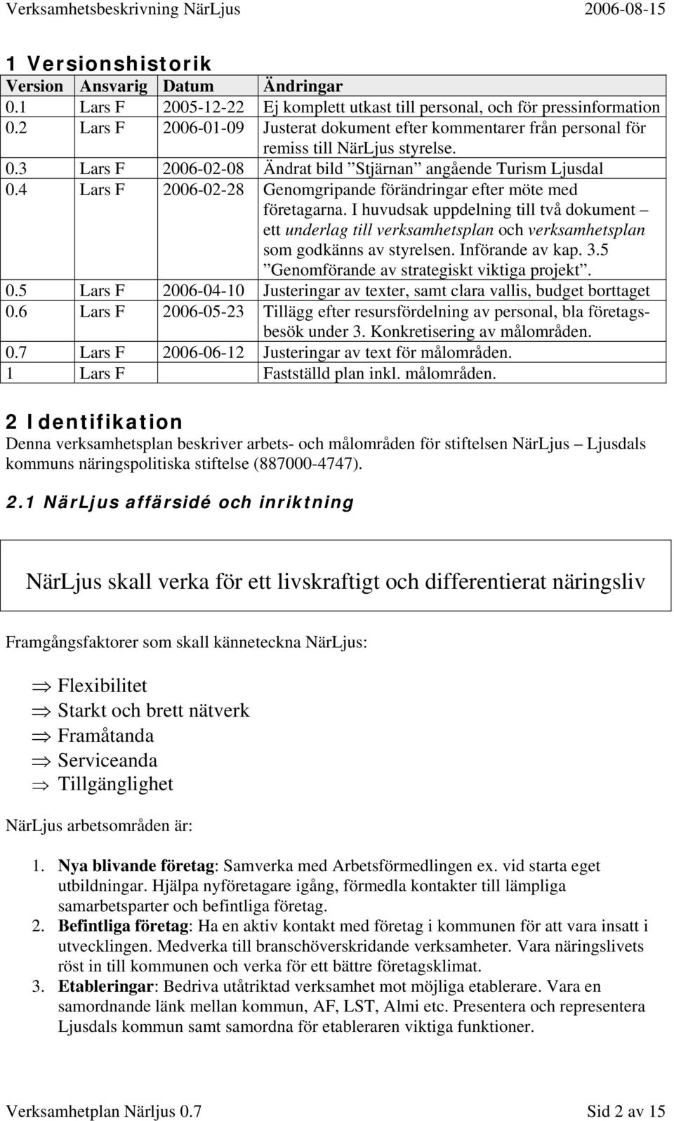 4 Lars F 2006-02-28 Genomgripande förändringar efter möte med företagarna. I huvudsak uppdelning till två dokument ett underlag till verksamhetsplan och verksamhetsplan som godkänns av styrelsen.