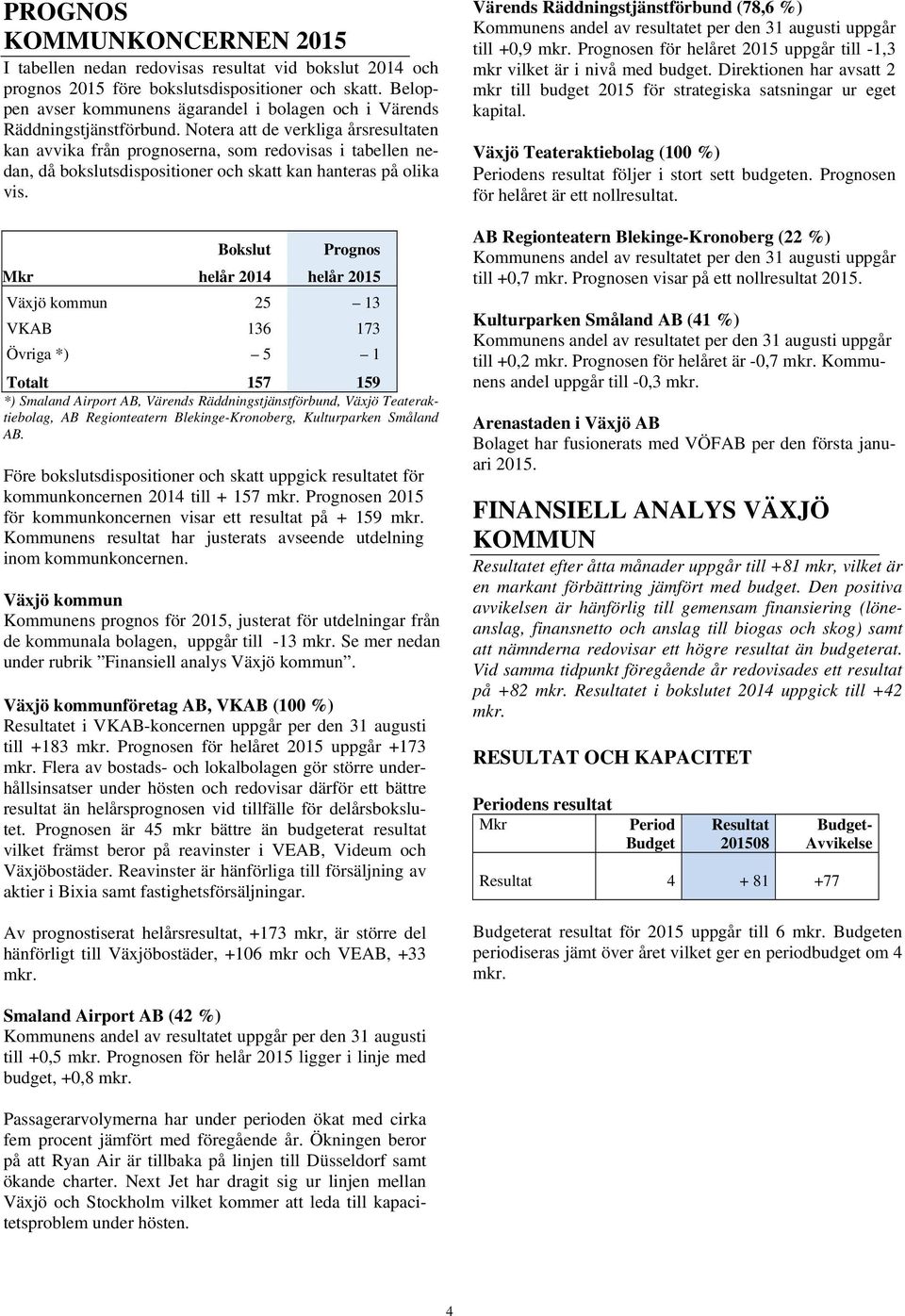 Notera att de verkliga årsresultaten kan avvika från prognoserna, som redovisas i tabellen nedan, då bokslutsdispositioner och skatt kan hanteras på olika vis.