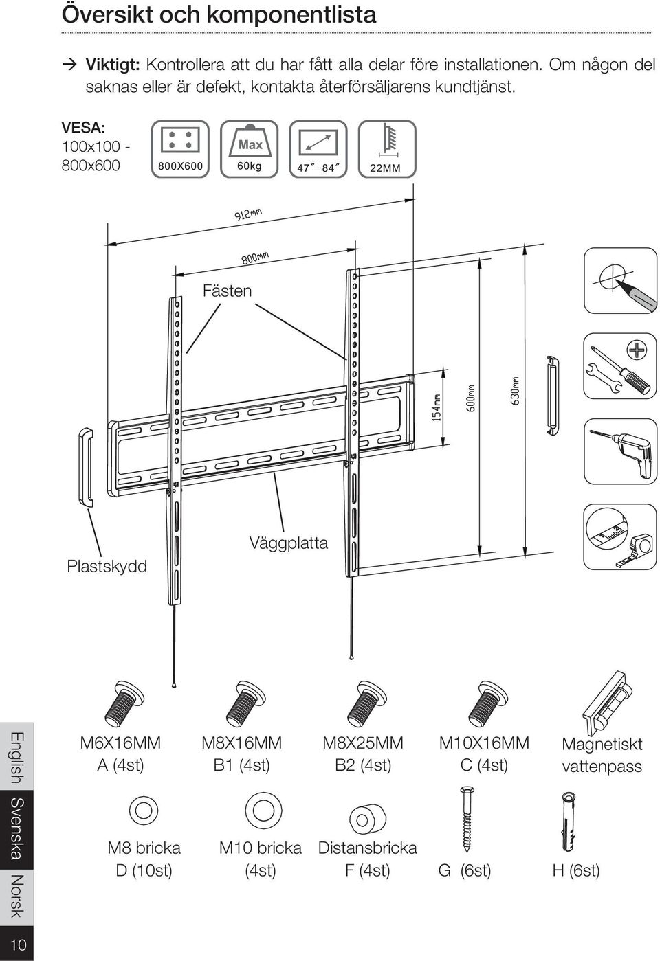 VESA: 100x100-800x600 Fästen Plastskydd Väggplatta M6X16MM A (4st) M8 bricka D (10st) M8X16MM B1