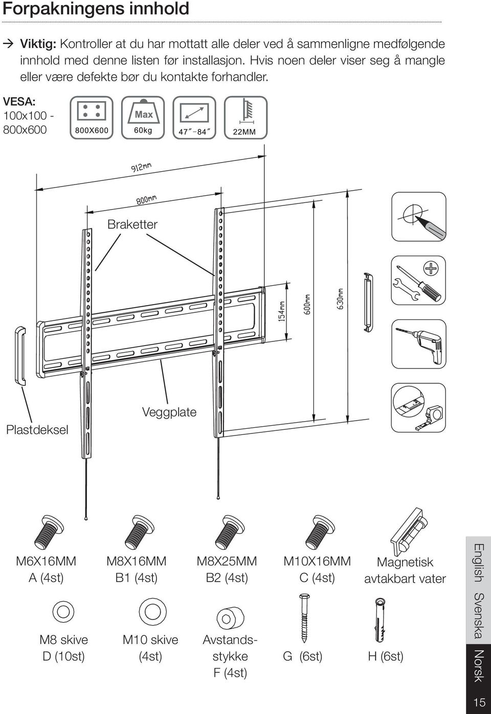 VESA: 100x100-800x600 Braketter Plastdeksel Veggplate M6X16MM A (4st) M8 skive D (10st) M8X16MM B1 (4st) M10