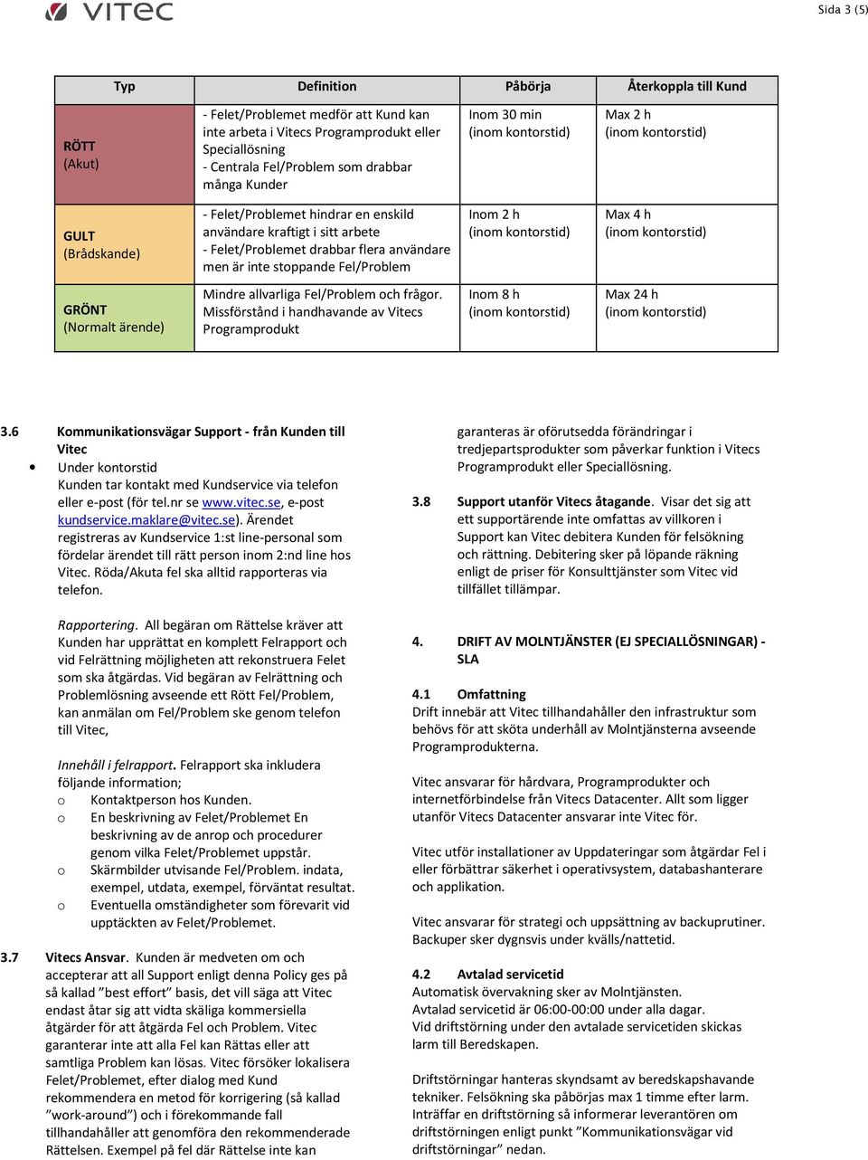 Inom 2 h Max 4 h GRÖNT (Normalt ärende) Mindre allvarliga Fel/Problem och frågor. Missförstånd i handhavande av Vitecs Programprodukt Inom 8 h Max 24 h 3.