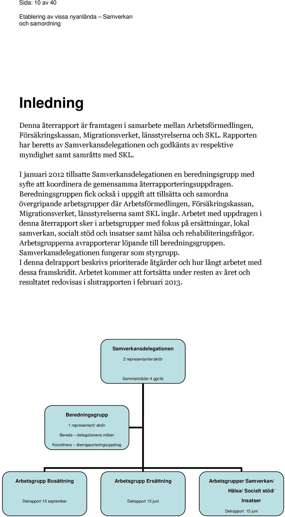 I januari 2012 tillsatte Samverkansdelegationen en beredningsgrupp med syfte att koordinera de gemensamma återrapporteringsuppdragen.