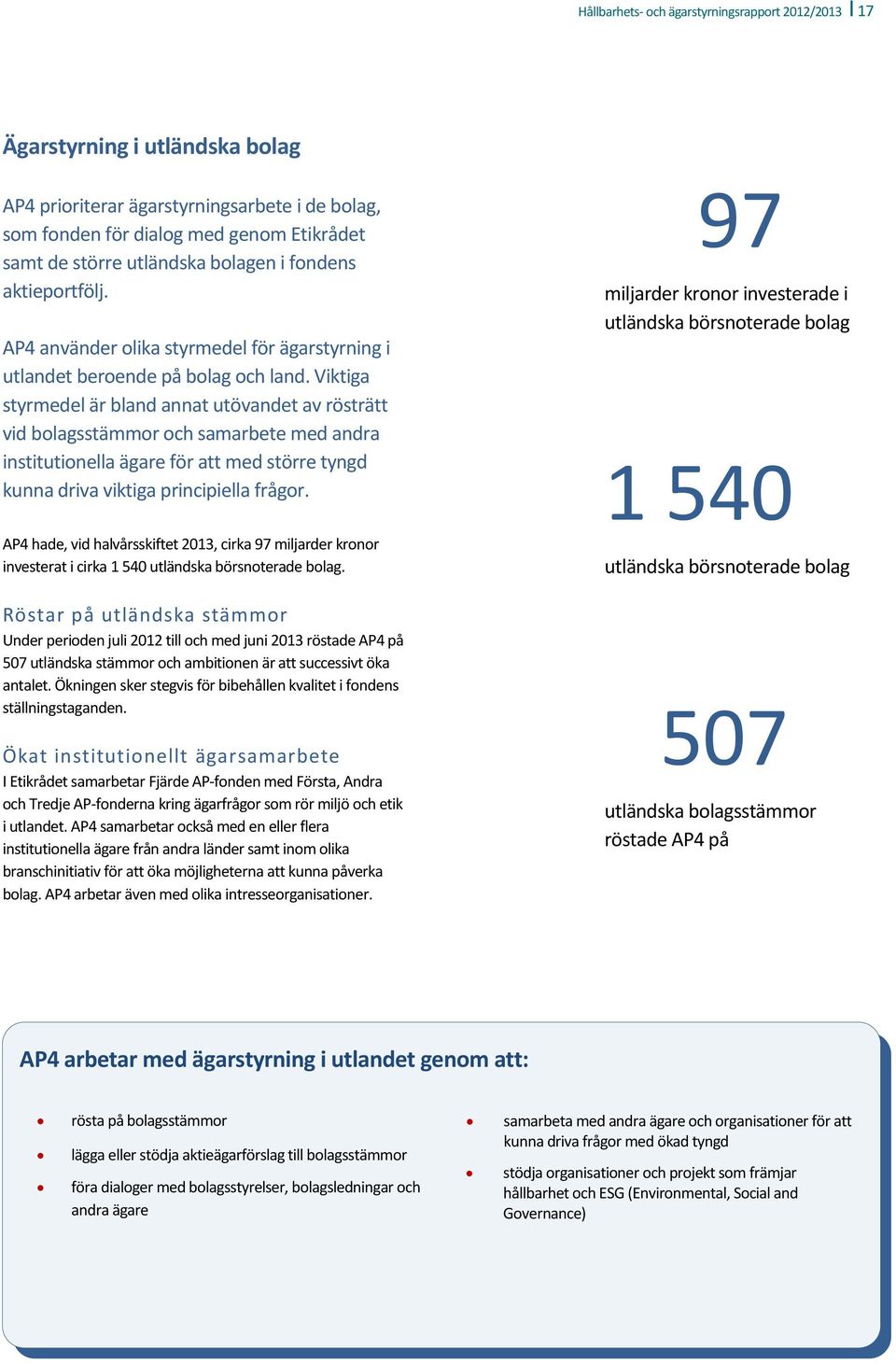 Viktiga styrmedel är bland annat utövandet av rösträtt vid bolagsstämmor och samarbete med andra institutionella ägare för att med större tyngd kunna driva viktiga principiella frågor.